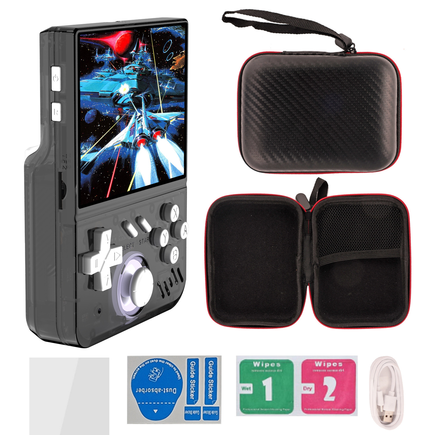 Grauer Handheld-Spiele-Controller mit Zubehör: Hülle, Kabel, Tücher.