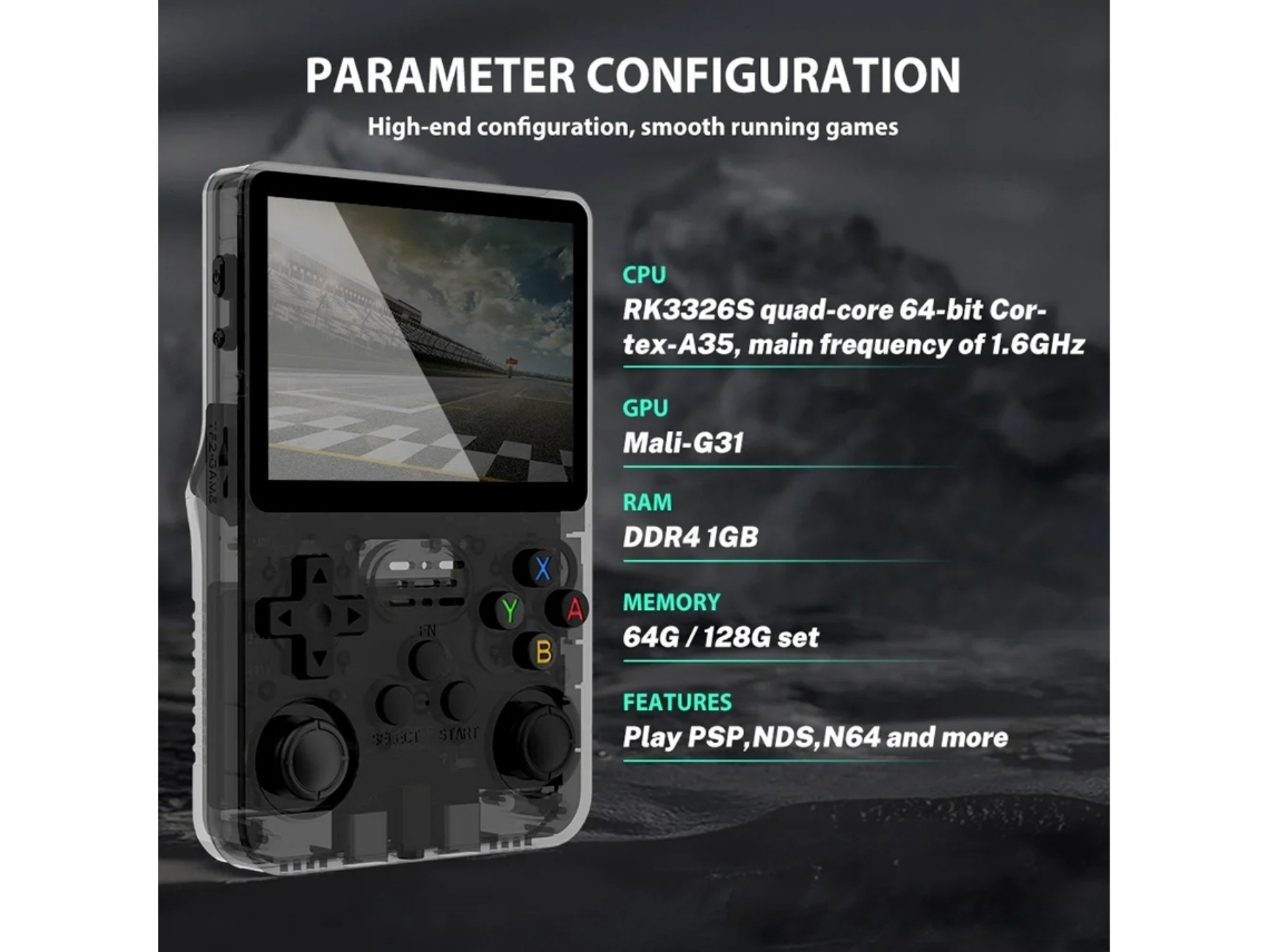 Transparenter Handheld-Spielekonsole mit Steuerkreuz, Tasten und Bildschirm, der ein Rennen zeigt.