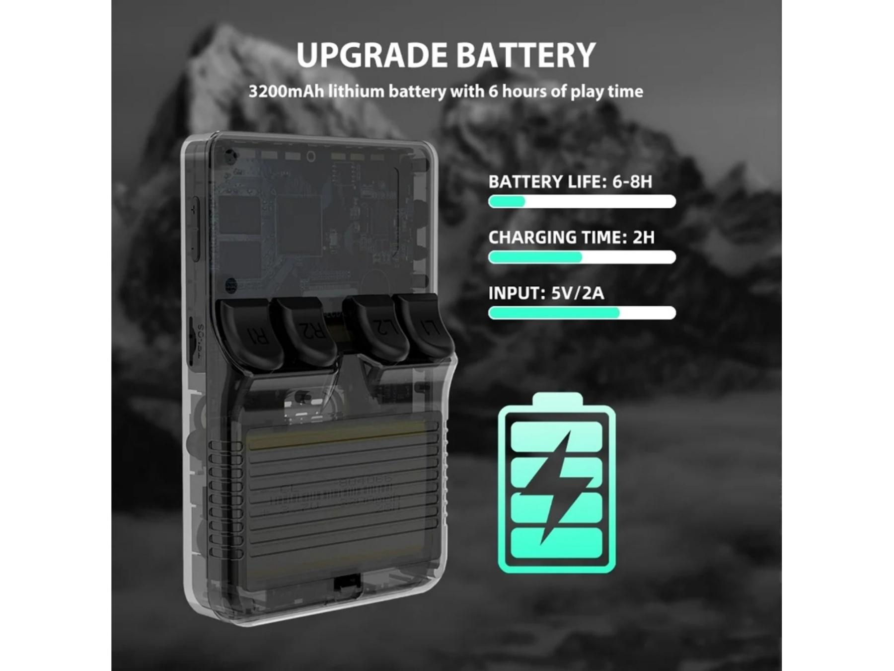 Transparenter Handheld-Spieler mit 3200mAh Akku, Ladezeit 2h, Akkulaufzeit 6-8h.