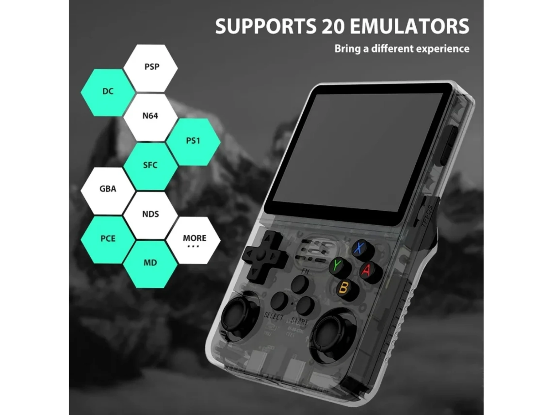 Transparenter Handheld-Retro-Gaming-Emulator mit Steuerkreuz, Knöpfen und Bildschirm.