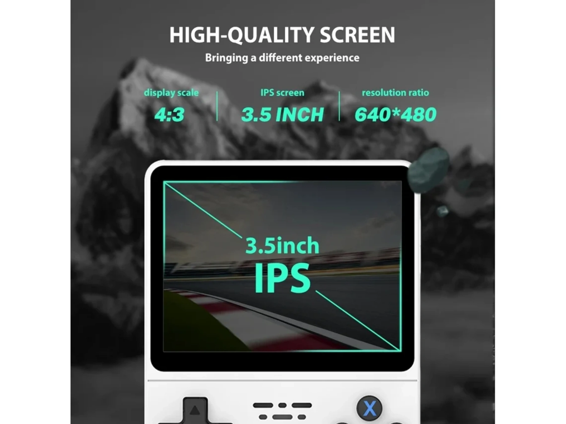 Ein weißes Handheld-Gerät mit einem 3,5-Zoll-IPS-Bildschirm, der ein Rennstrecken-Gameplay anzeigt.