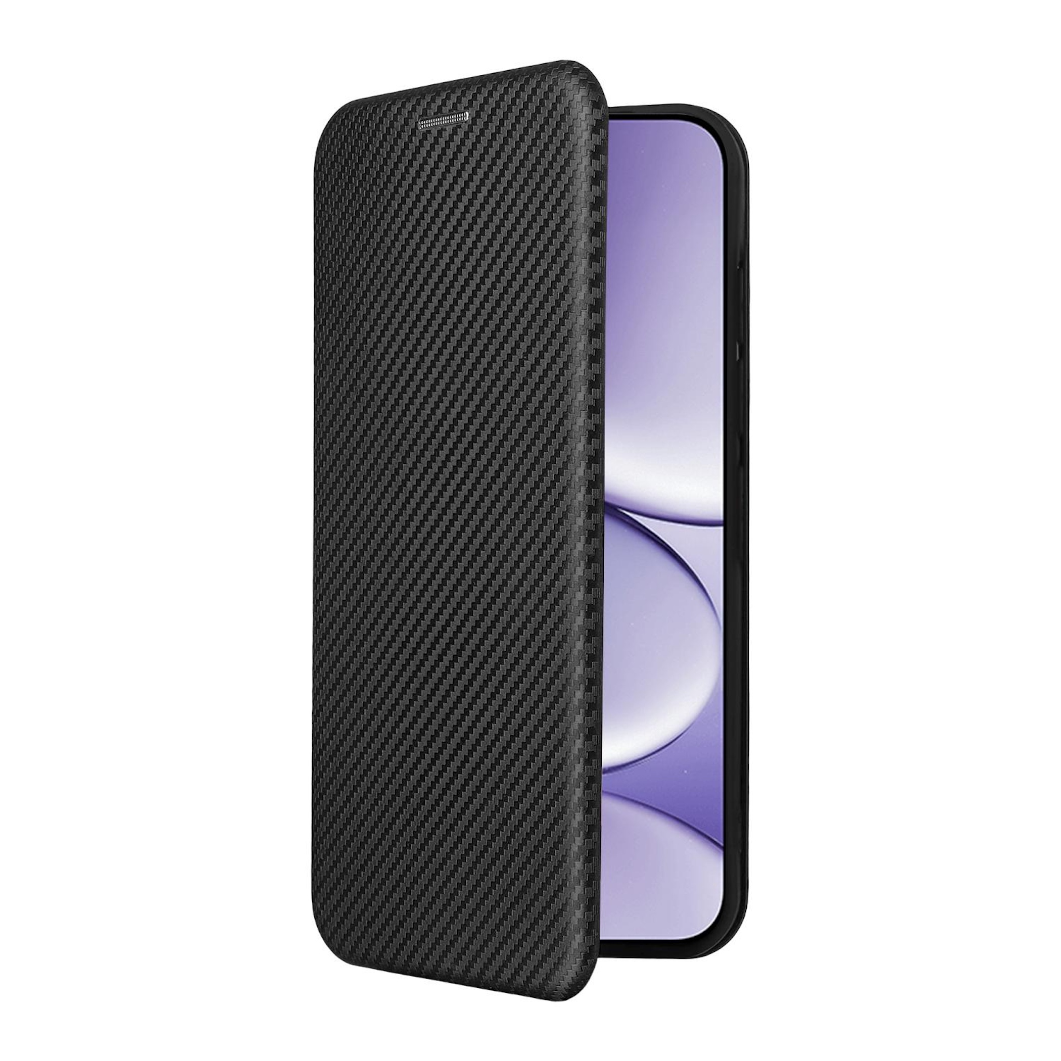 Schwarze Handyhülle mit Carbon-Muster, halb geöffnet, zeigt violetten Bildschirm.