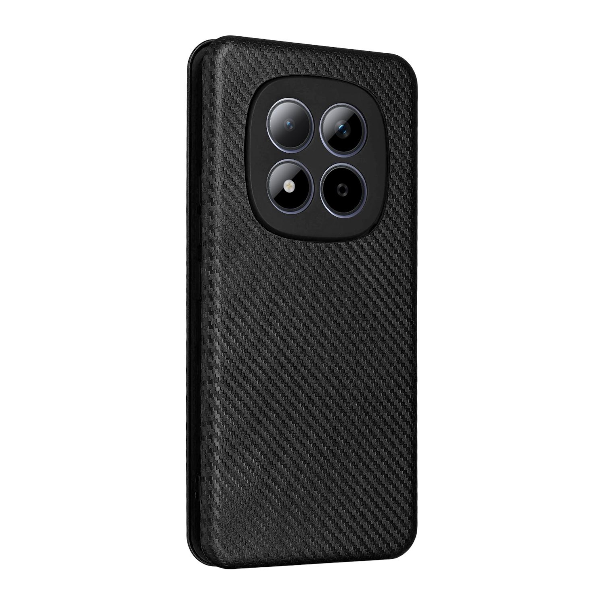 Schwarzes Handy mit Carbon-Optik und vierfacher Kamera.