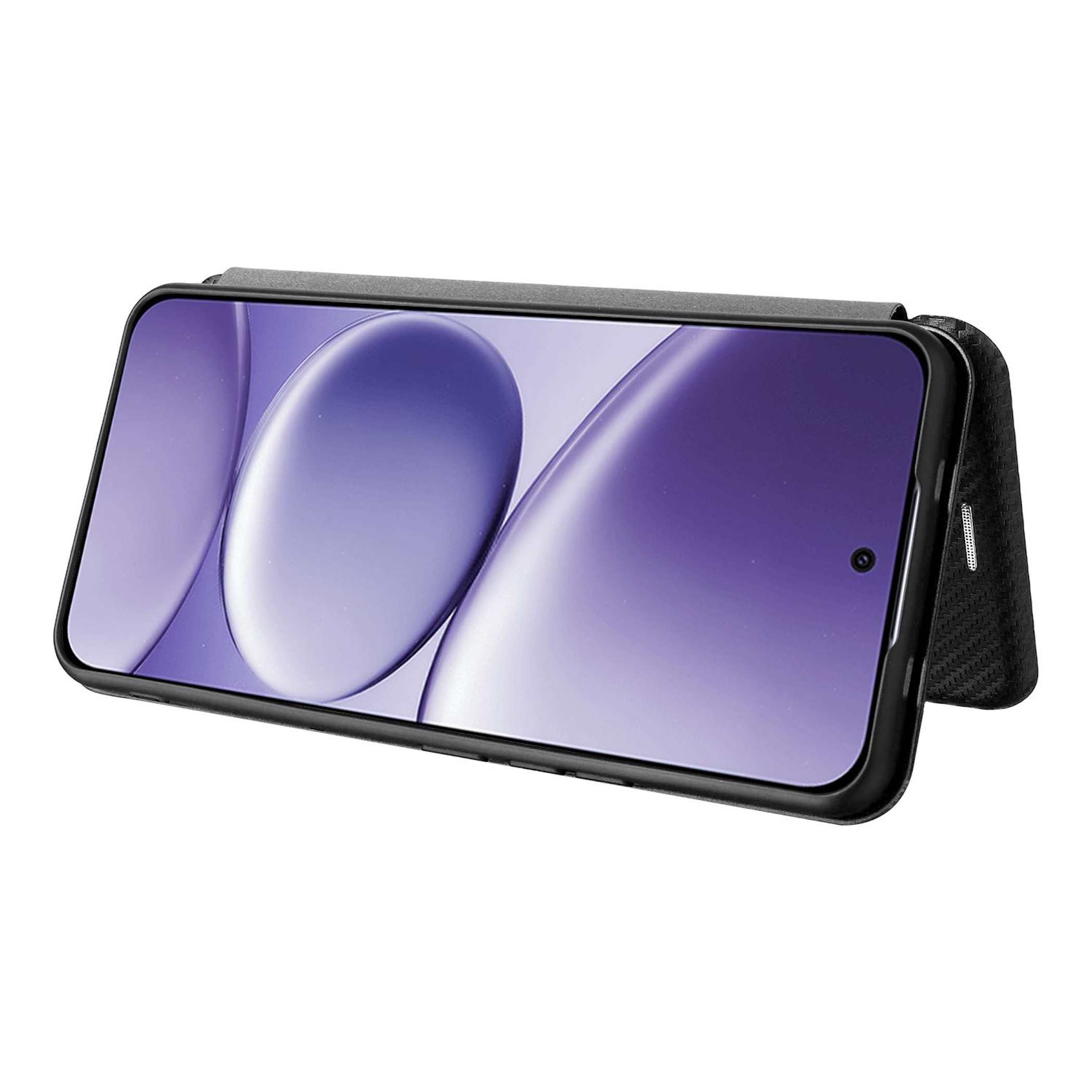 Ein Smartphone in einer schwarzen Hülle, aufrecht stehend, mit lila Hintergrund.
