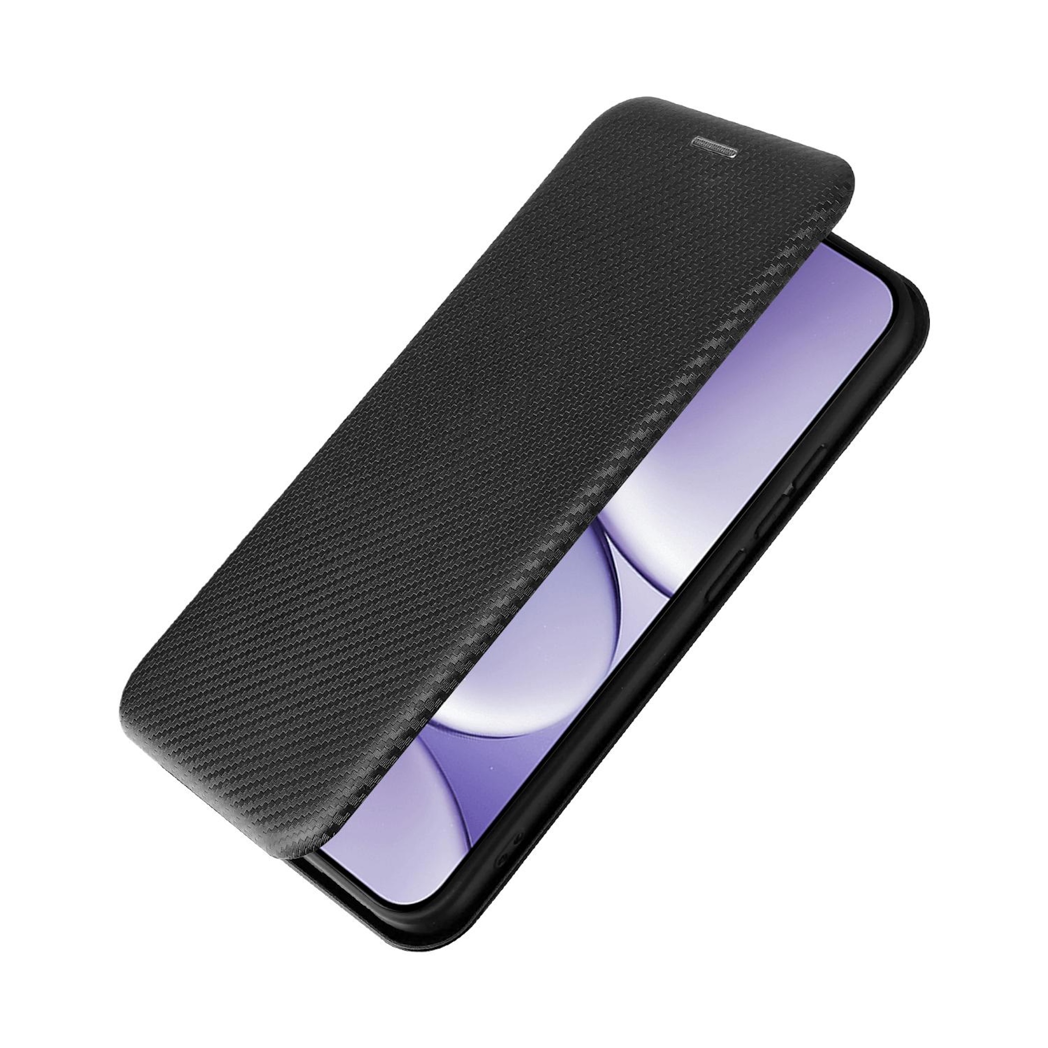 Schwarzes Handy mit einer offenen Hülle mit Karbonmuster.