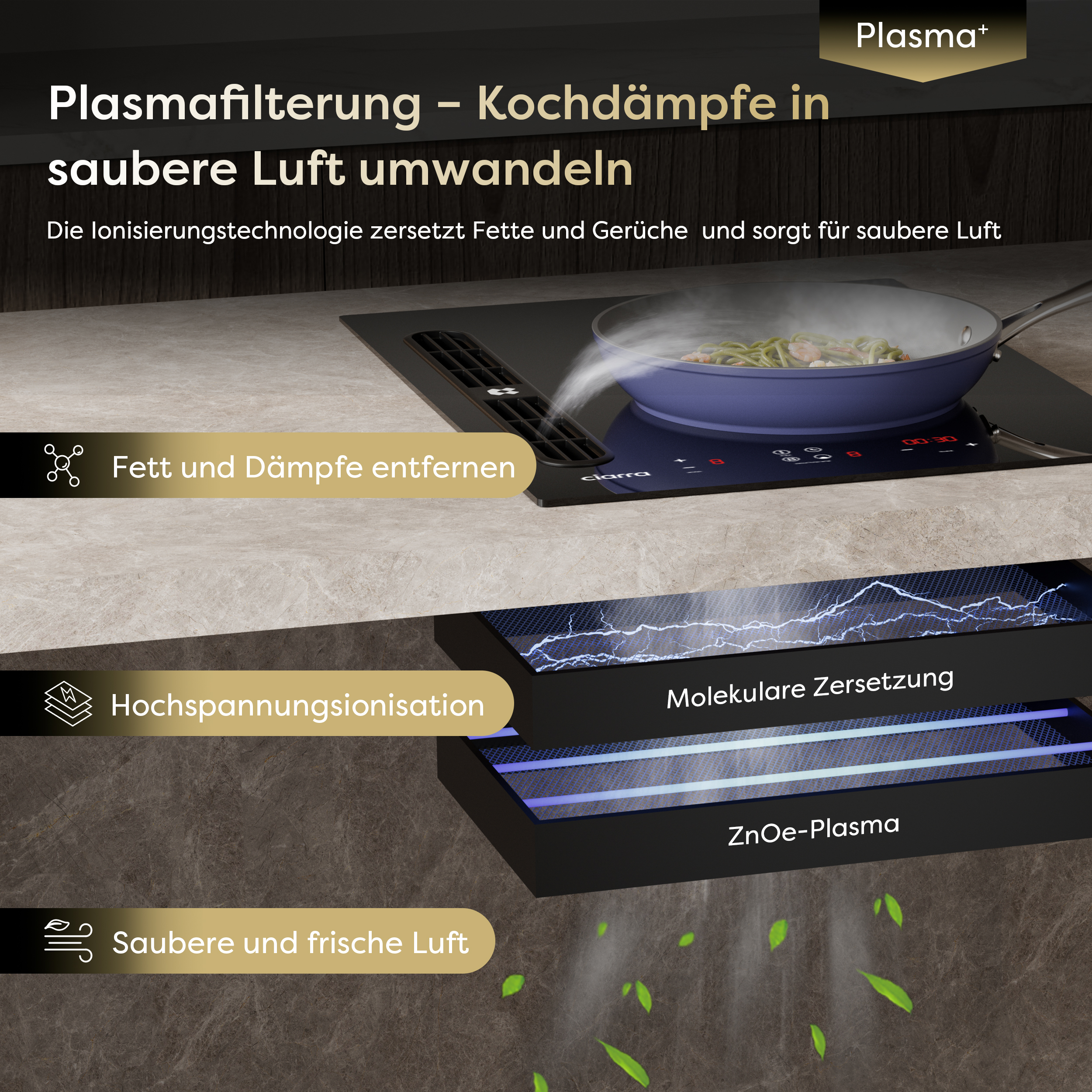 Plasmafilter verwijdert vet en stoom met hoogspanning en ZnOe-plasma.
