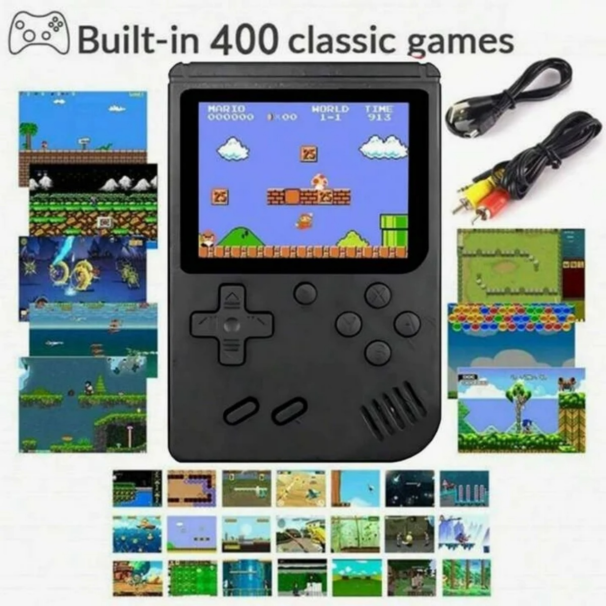 Eine schwarze Handheld-Spielekonsole zeigt ein Super Mario-Spiel. Andere Spielbildschirme umgeben sie.