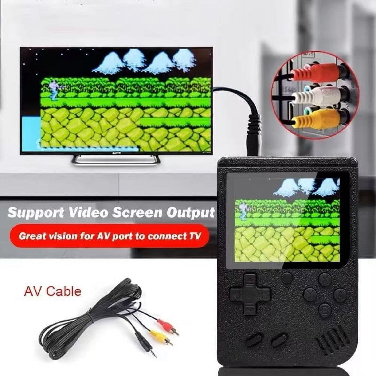 Ein schwarzes Handheld-Spielgerät mit AV-Kabel, das an einen Fernseher angeschlossen ist.