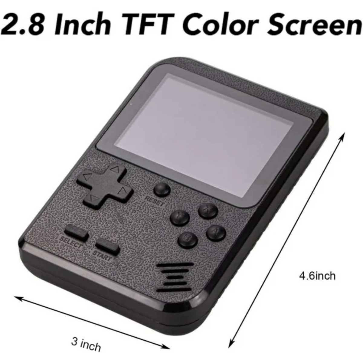 Ein schwarzes Handheld-Gaming-Gerät mit Bildschirm, Steuerkreuz, Select, Start, Reset-Tasten.