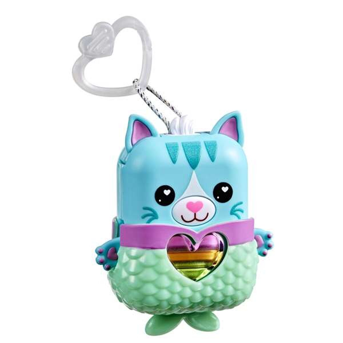 Llavero de gato azul con corazón y arcoíris, disfrazado de sirena.