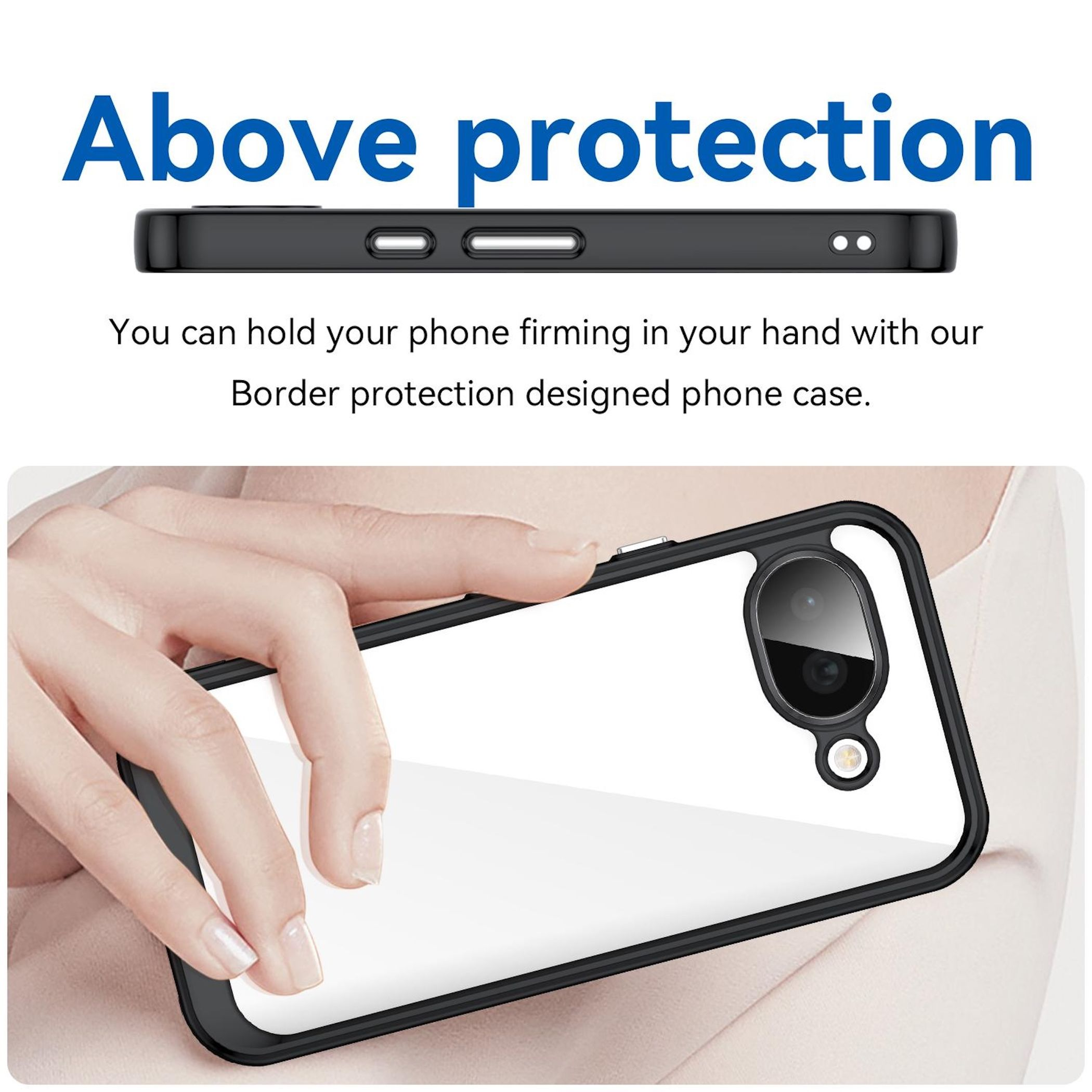 Eine Hand hält ein Smartphone mit schwarzem Rand und transparenter Rückseite.
