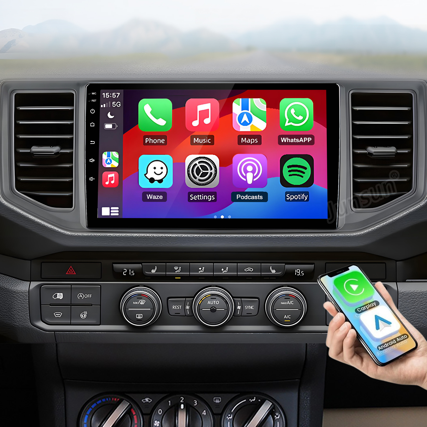 Auto-Infotainmentsystem mit Smartphone-Integration, Navigation und Apps.