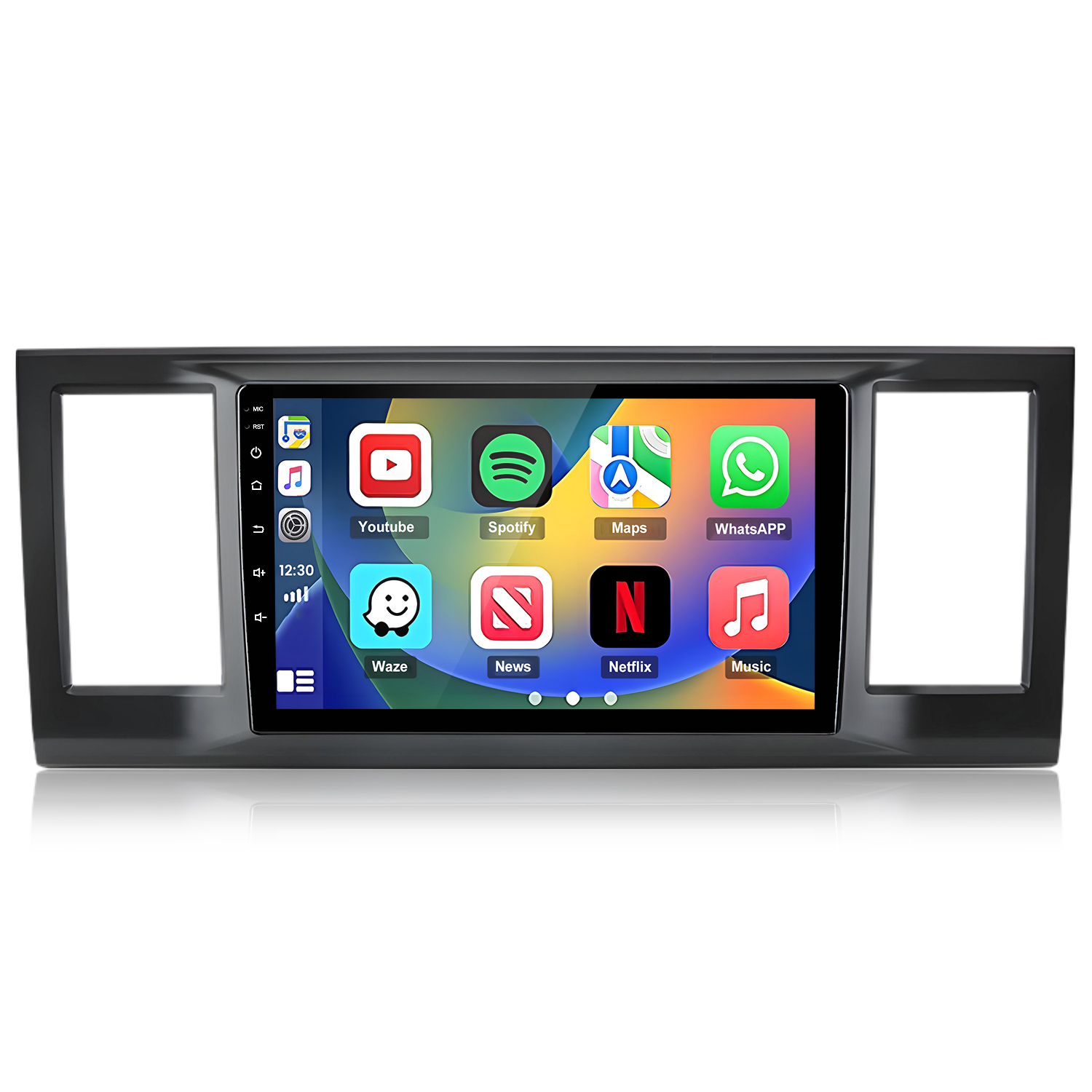 Ein Auto-Infotainment-Bildschirm mit App-Symbolen wie Youtube, Spotify und WhatsApp.