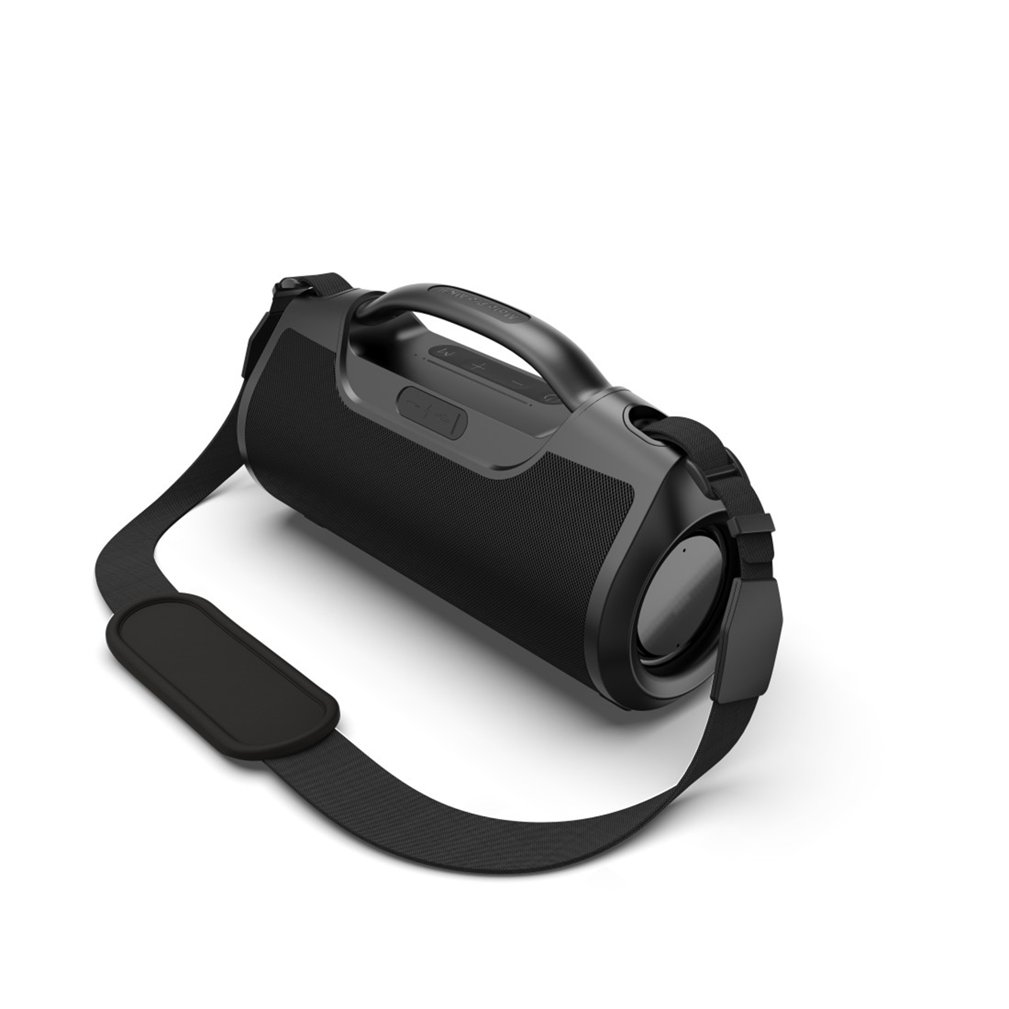 Altoparlante portatile nero con manico e tracolla, su sfondo bianco.