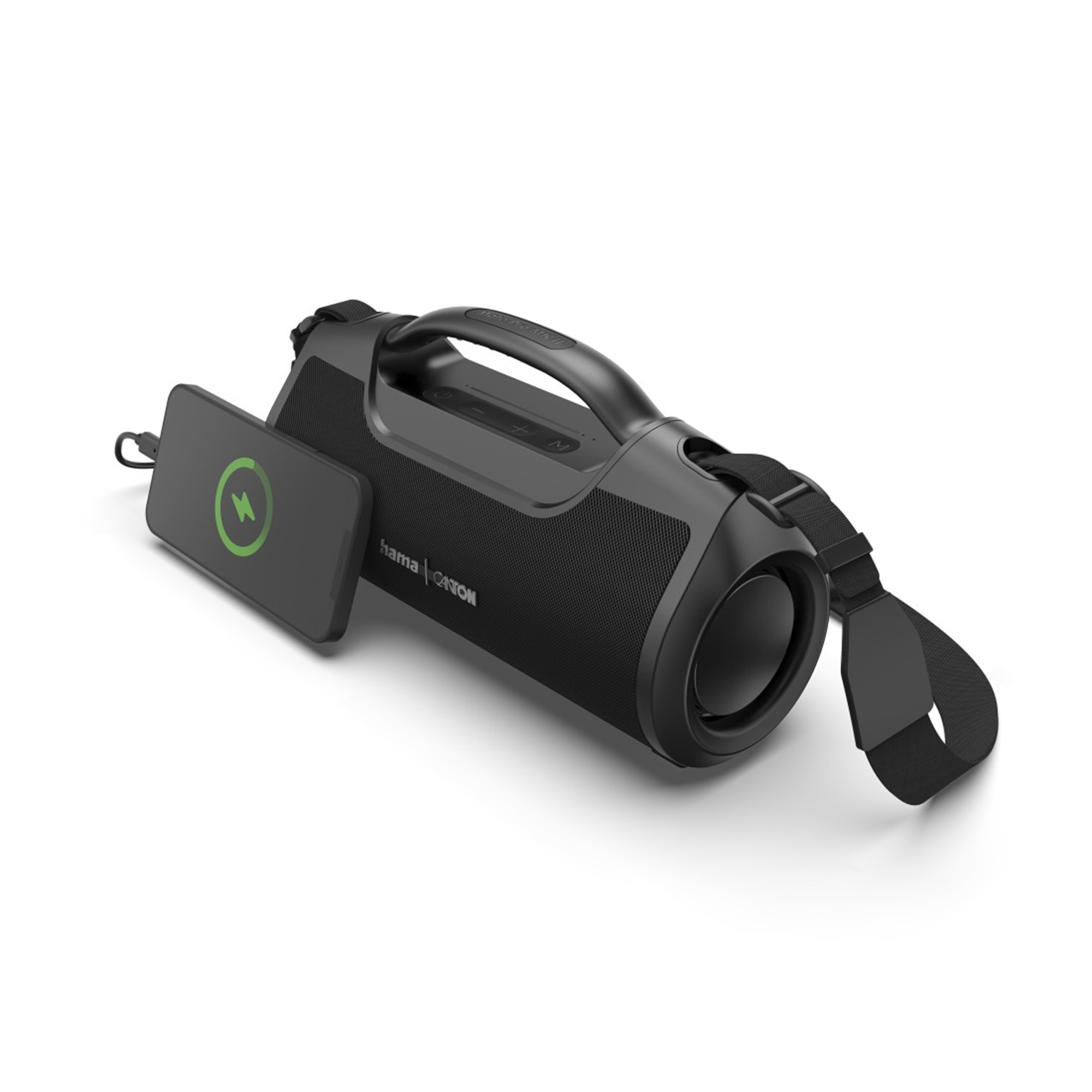 Altoparlante Bluetooth nero con manico e tracolla. Uno smartphone è collegato.