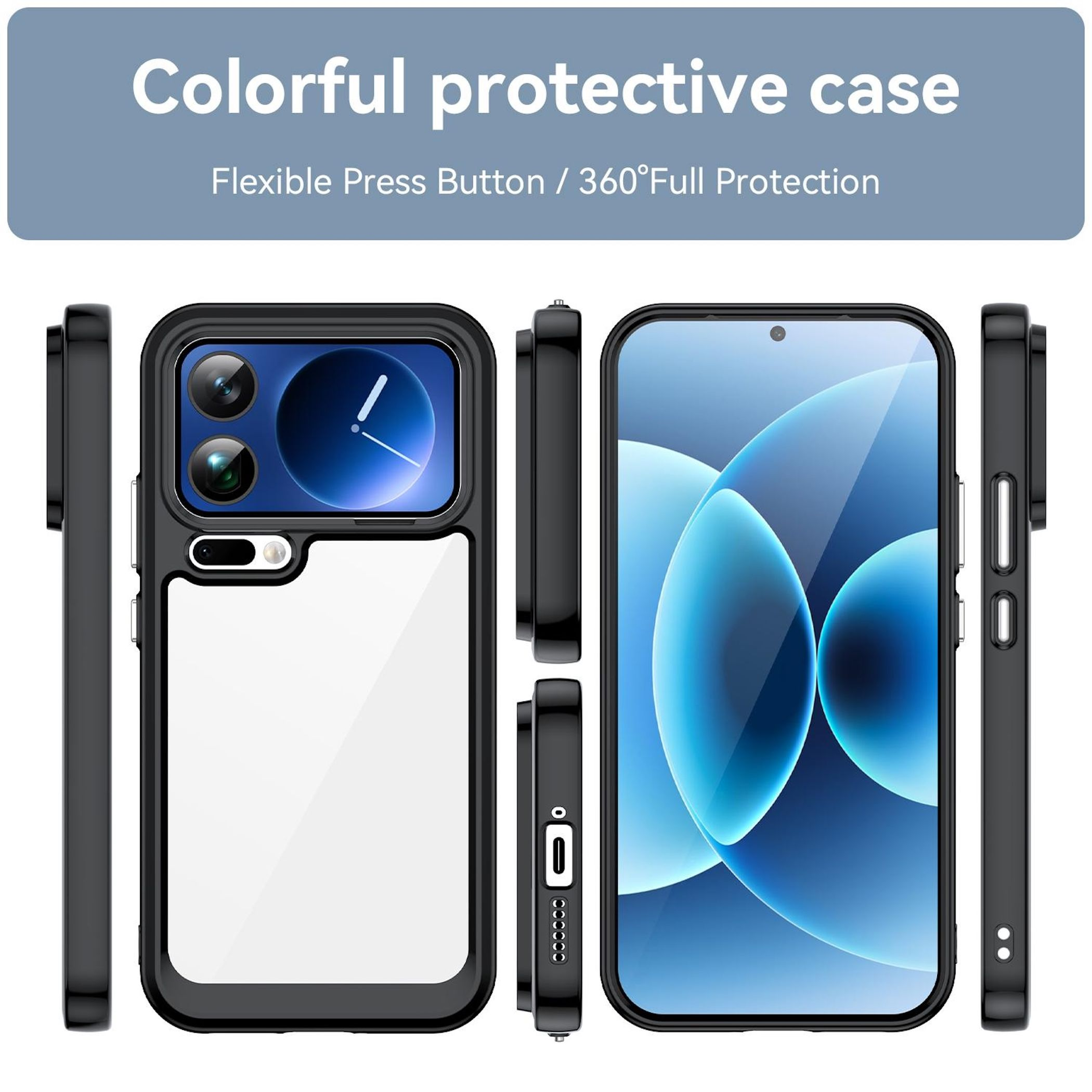 Funda protectora negra para smartphone con recorte de cámara y parte trasera transparente.