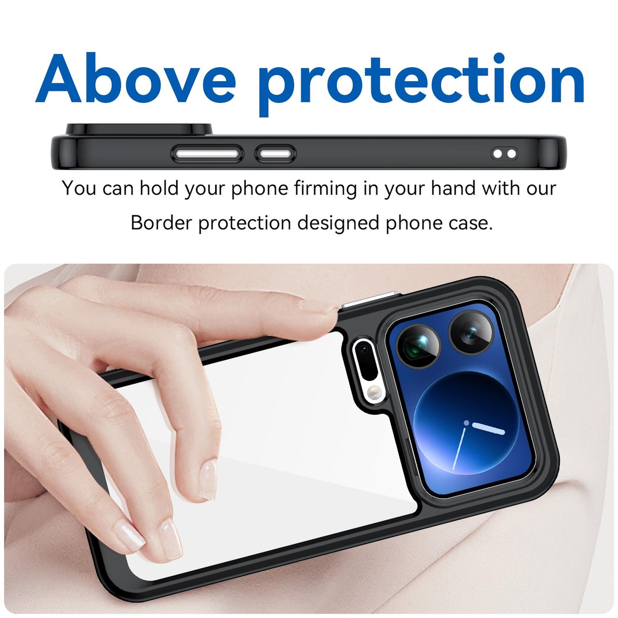 Funda negra para teléfono con protección de cámara sostenida por una mano.