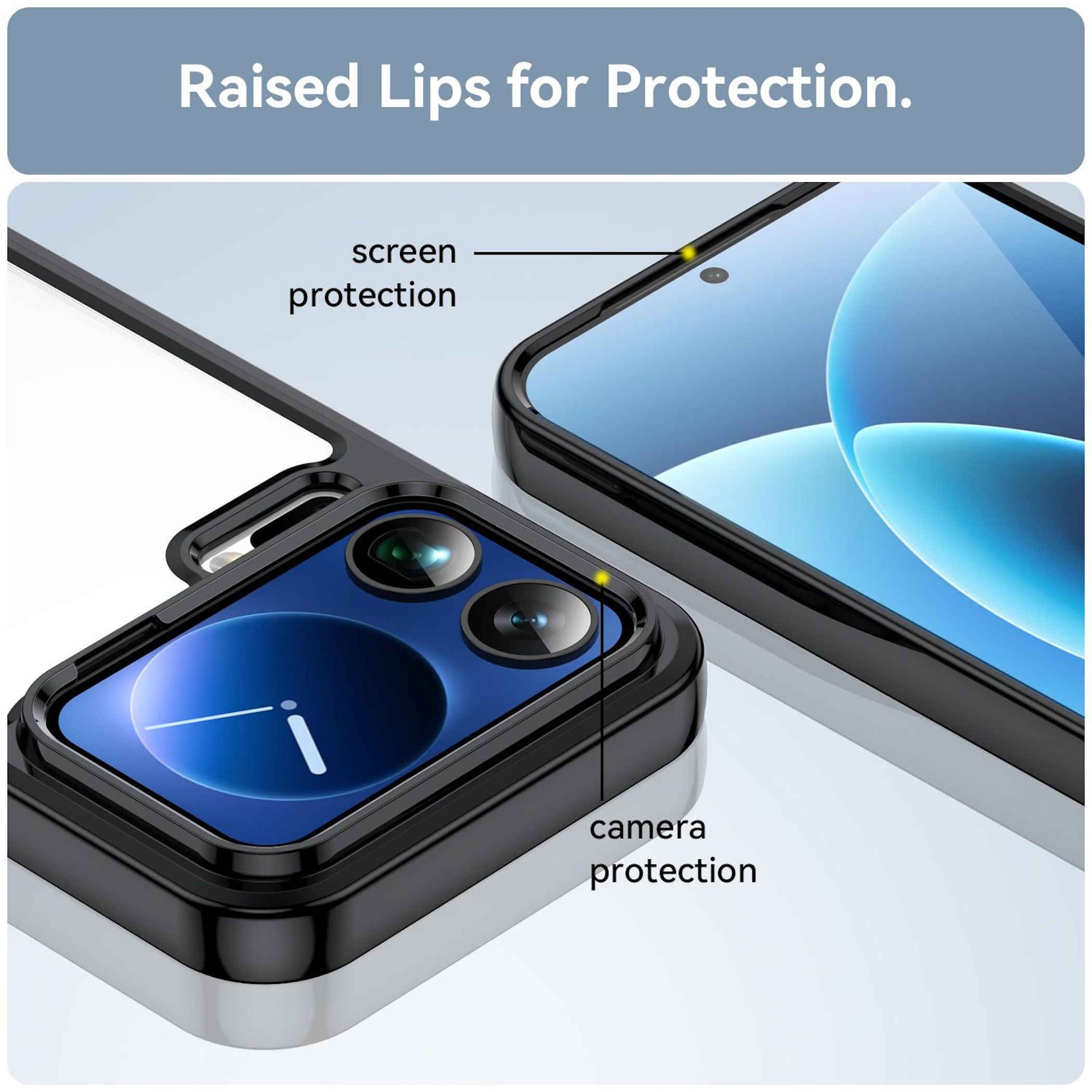 Funda de teléfono con bordes elevados para protección de pantalla y cámara.