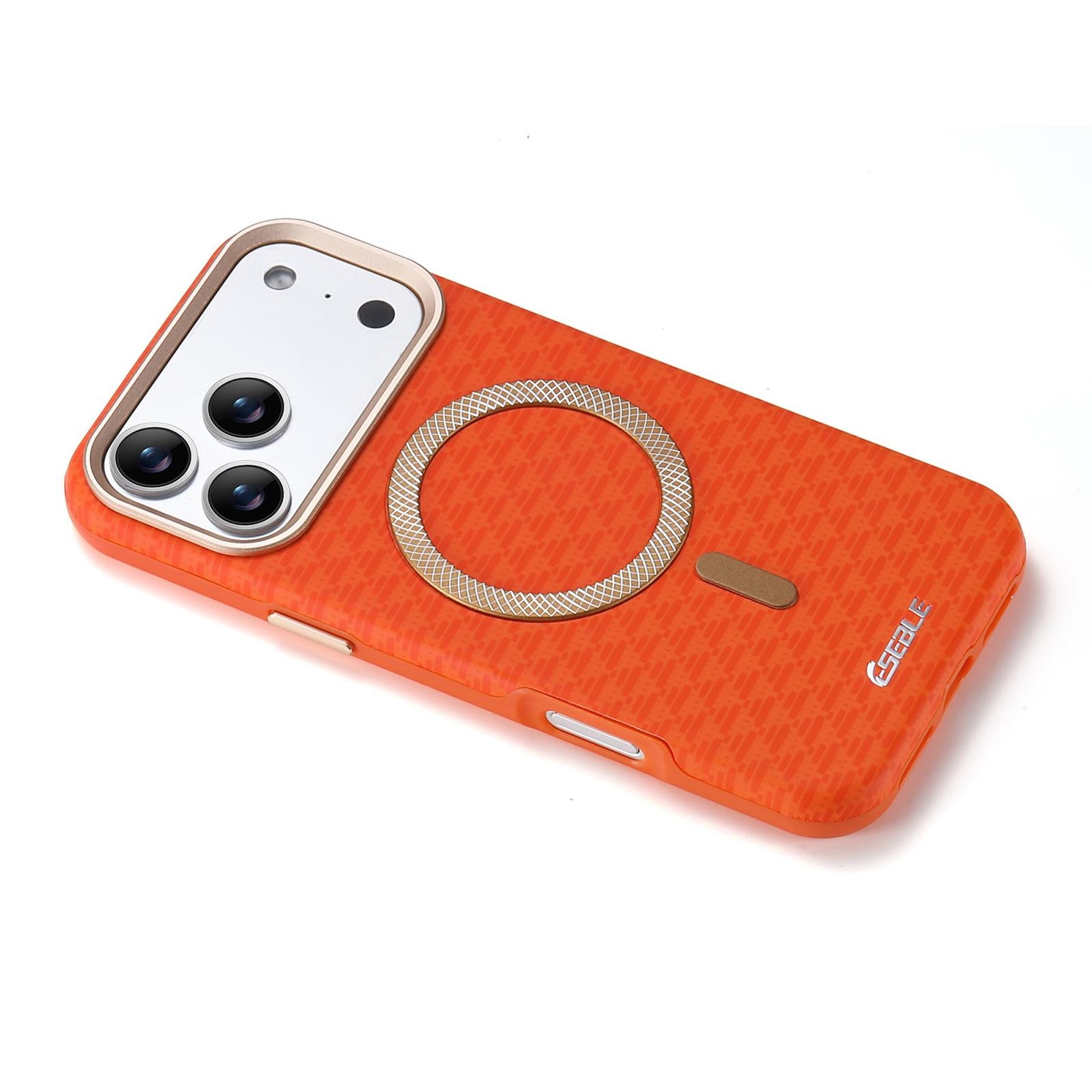 Eine leuchtend orangefarbene Handyhülle mit einem Muster und einer magnetischen Ladefläche.