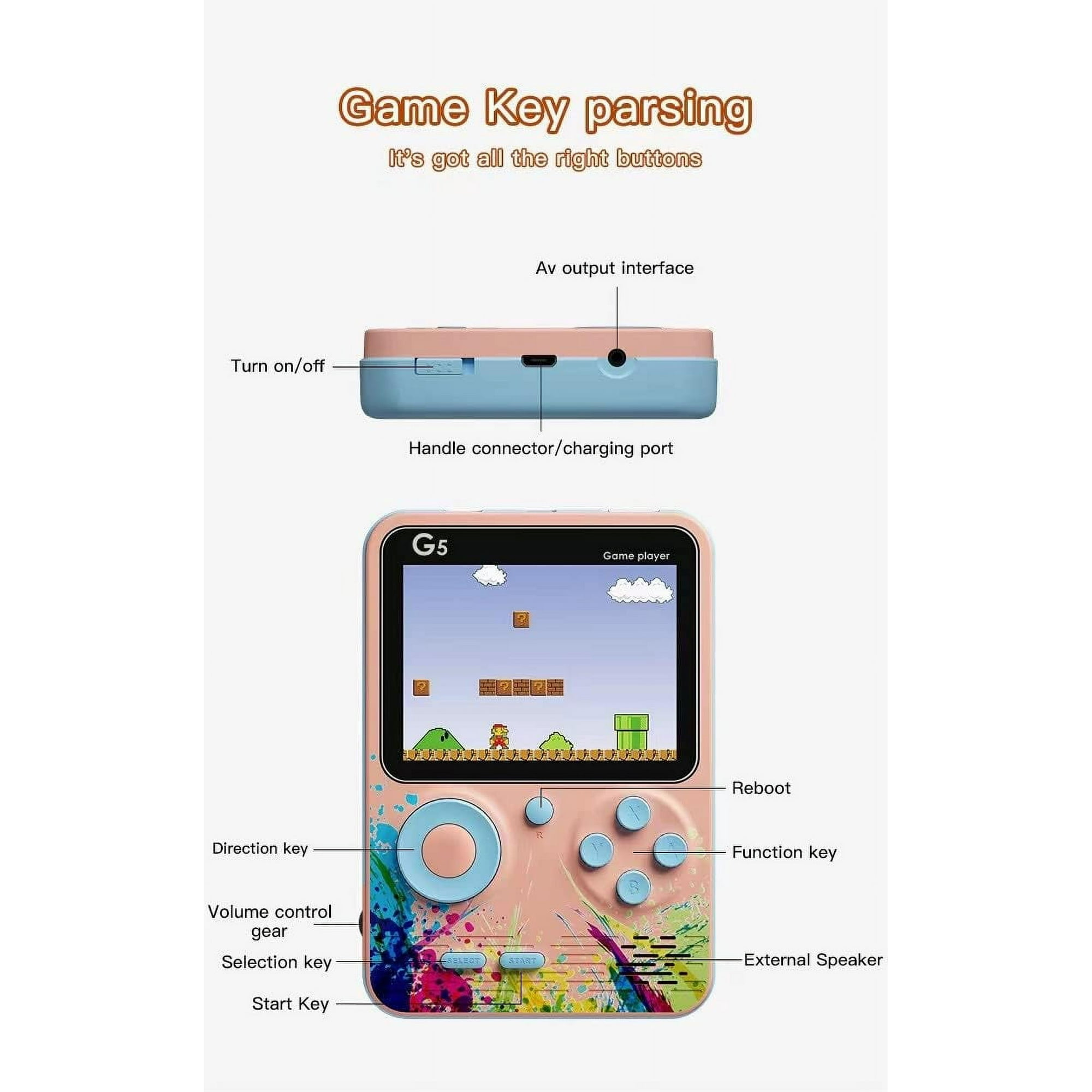 Ein rosa Handheld-Spieler mit Steuerkreuz, Knöpfen und einem Bildschirm, der ein Spiel zeigt.