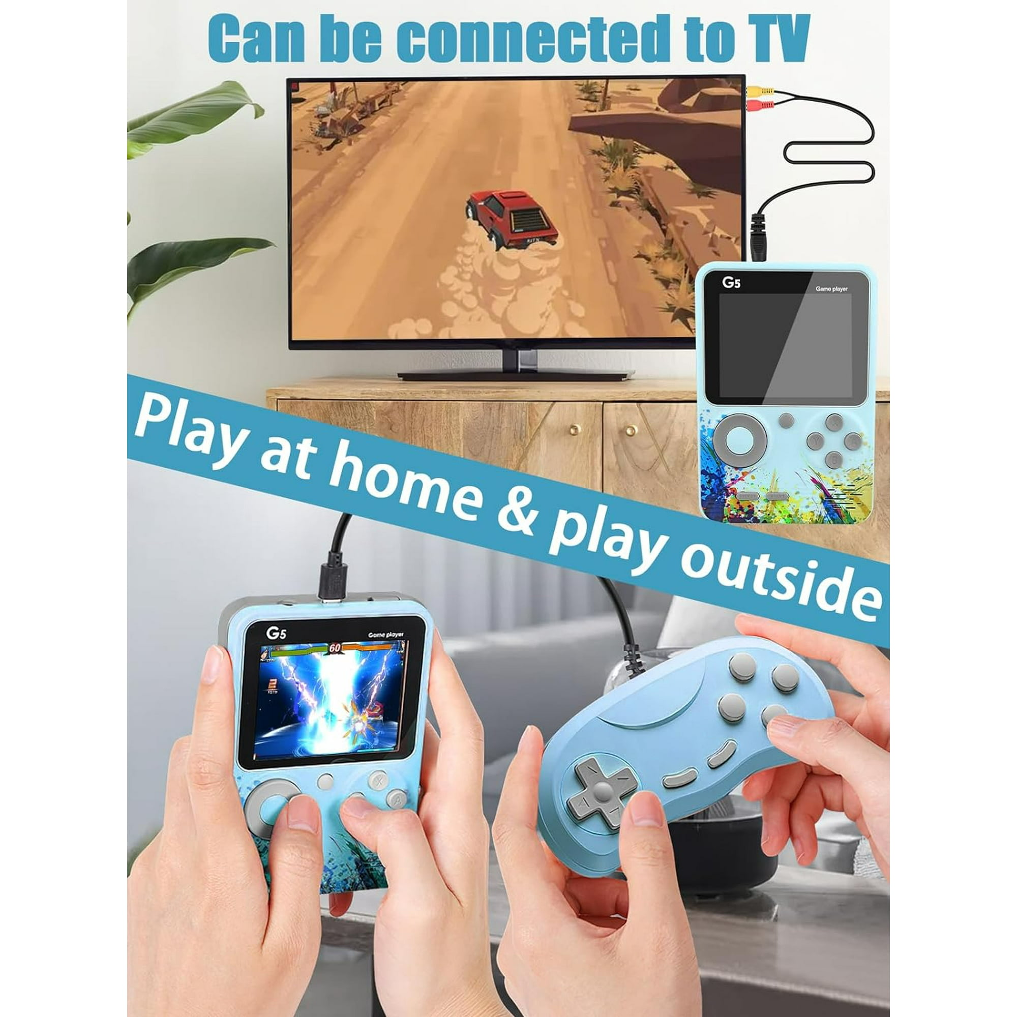 Ein Handheld-Spielegerät wird über Kabel an einen Fernseher angeschlossen.