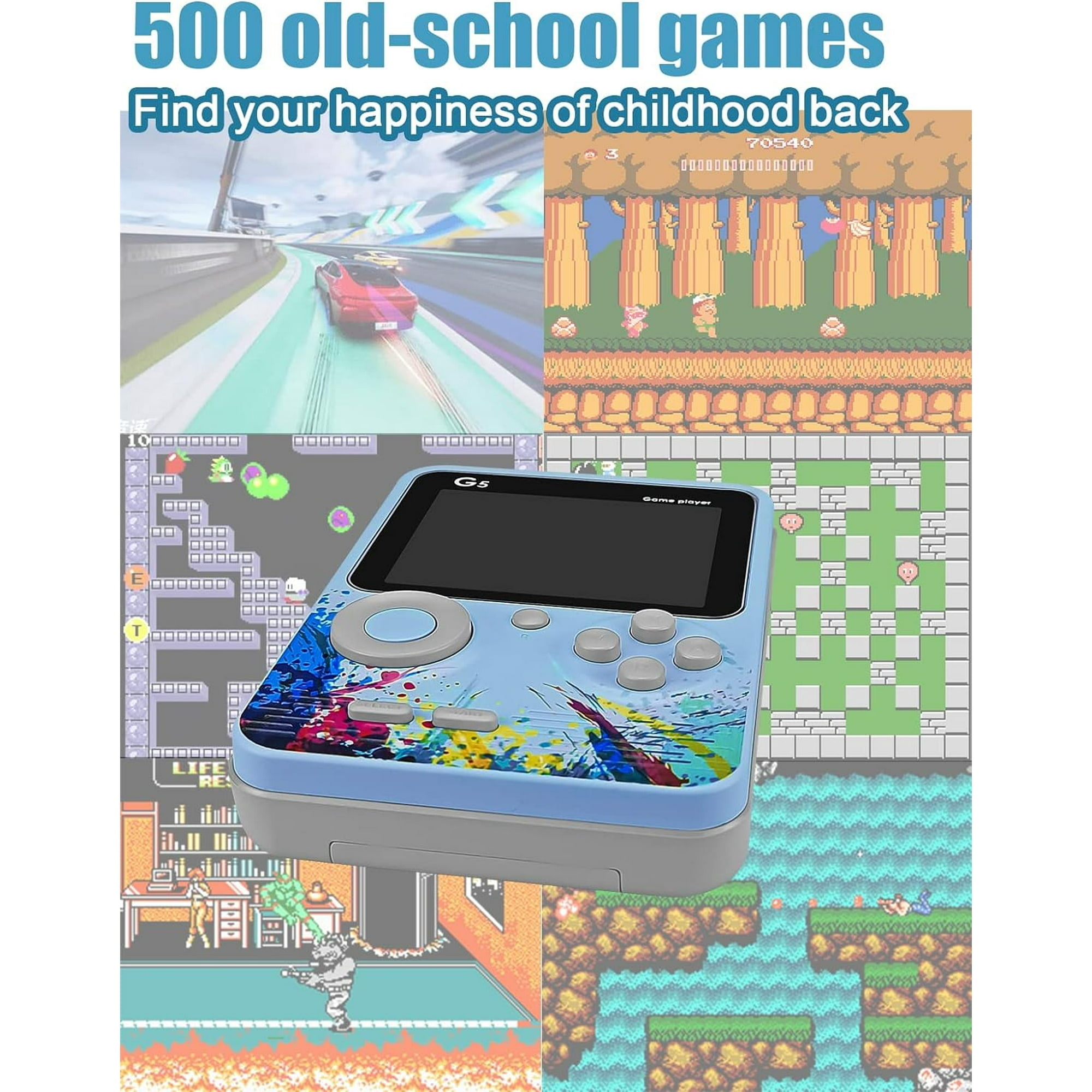 Ein hellblaues Handheld-Spielgerät mit bunten Spritzern, umgeben von Retro-Spielgrafiken.