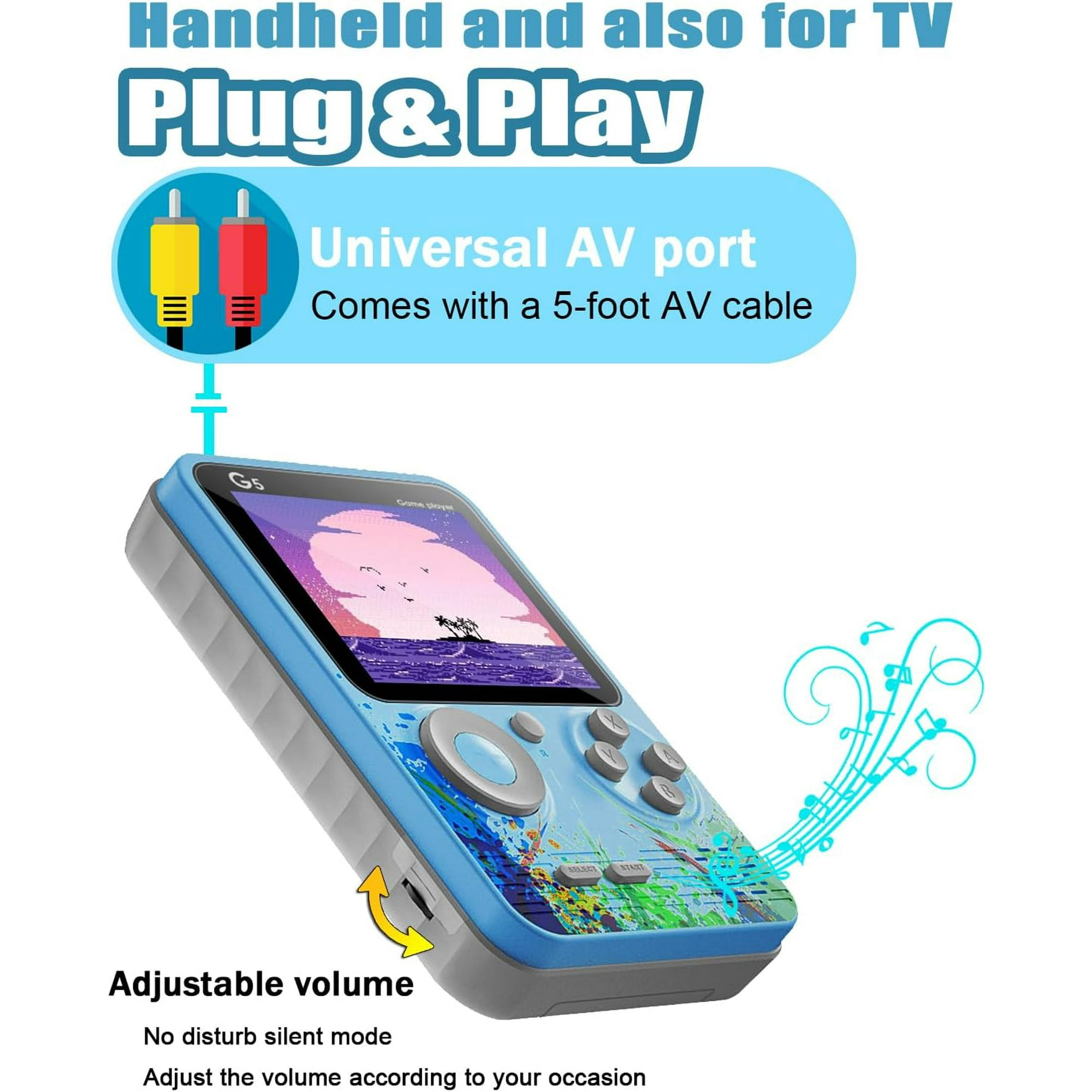 Blauer Handheld-Spiele-Player mit AV-Anschluss, Lautstärkeregelung und Spielbildschirm.