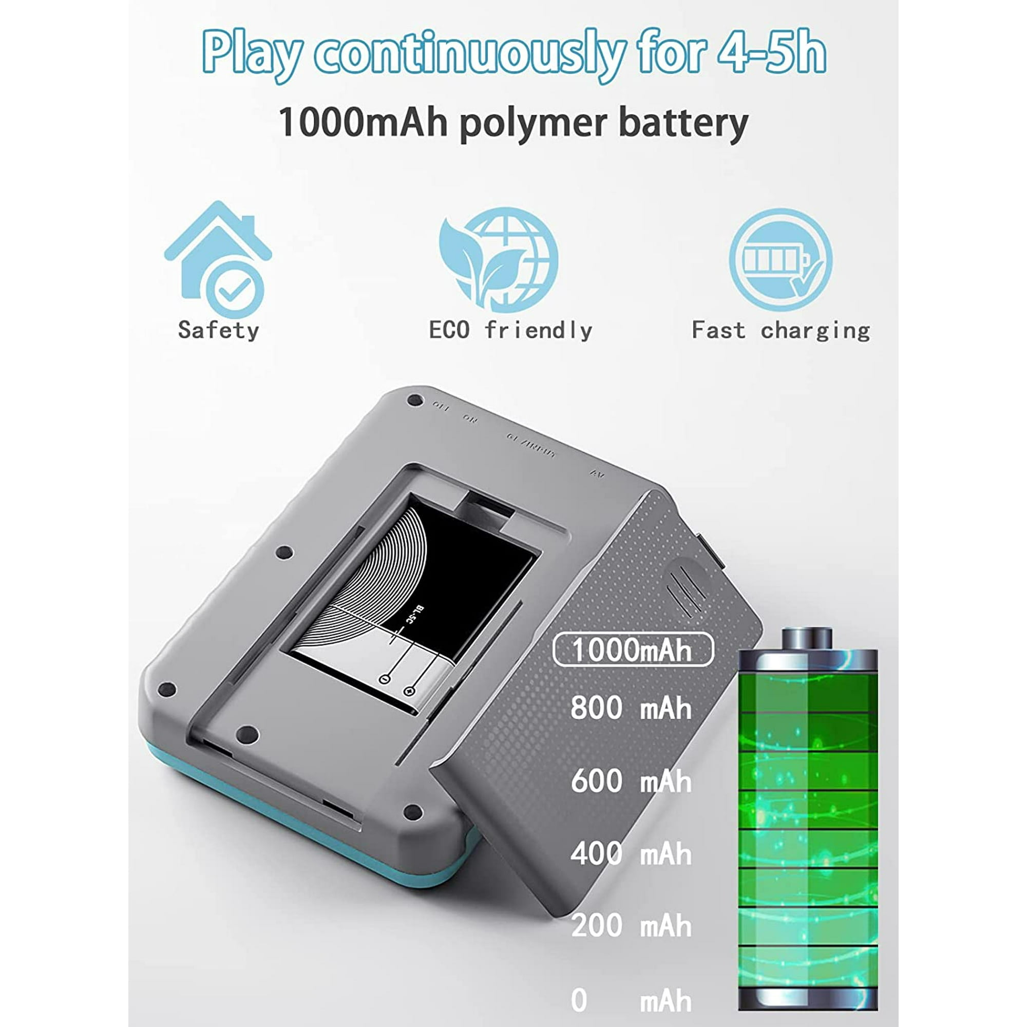 Graues Gerät mit herausnehmbarer 1000-mAh-Batterie und Ladeanzeige.