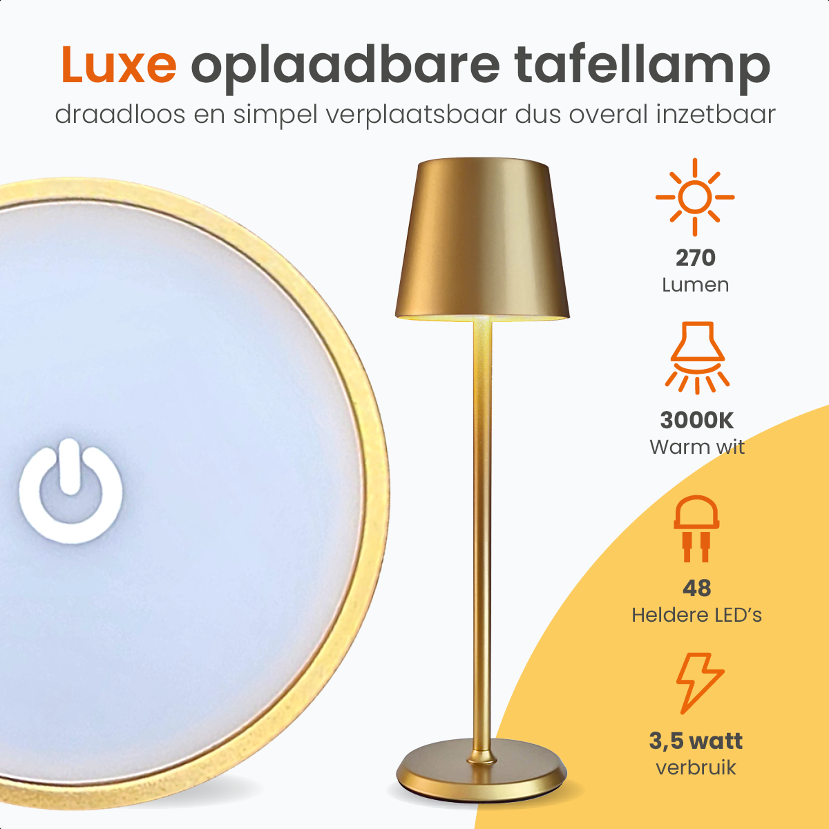 Gold rechargeable lamp with power symbol and technical details.