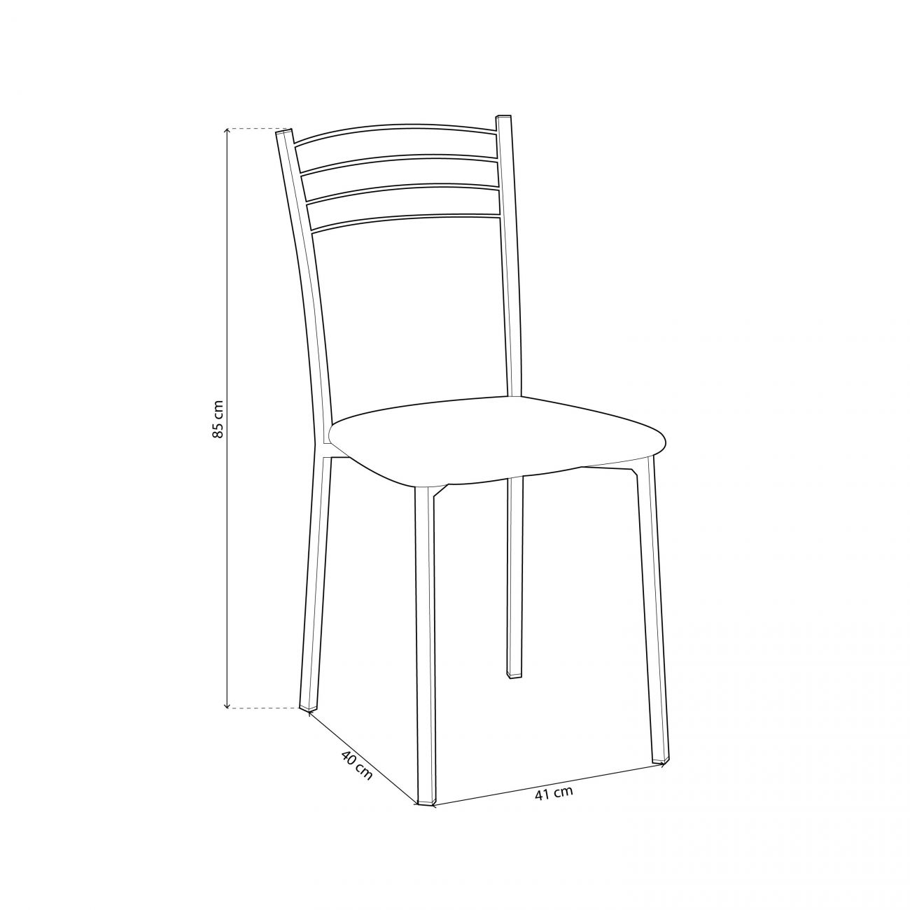 Dibujo lineal de una silla con dimensiones: 85cm alto, 40cm fondo, 41cm ancho.