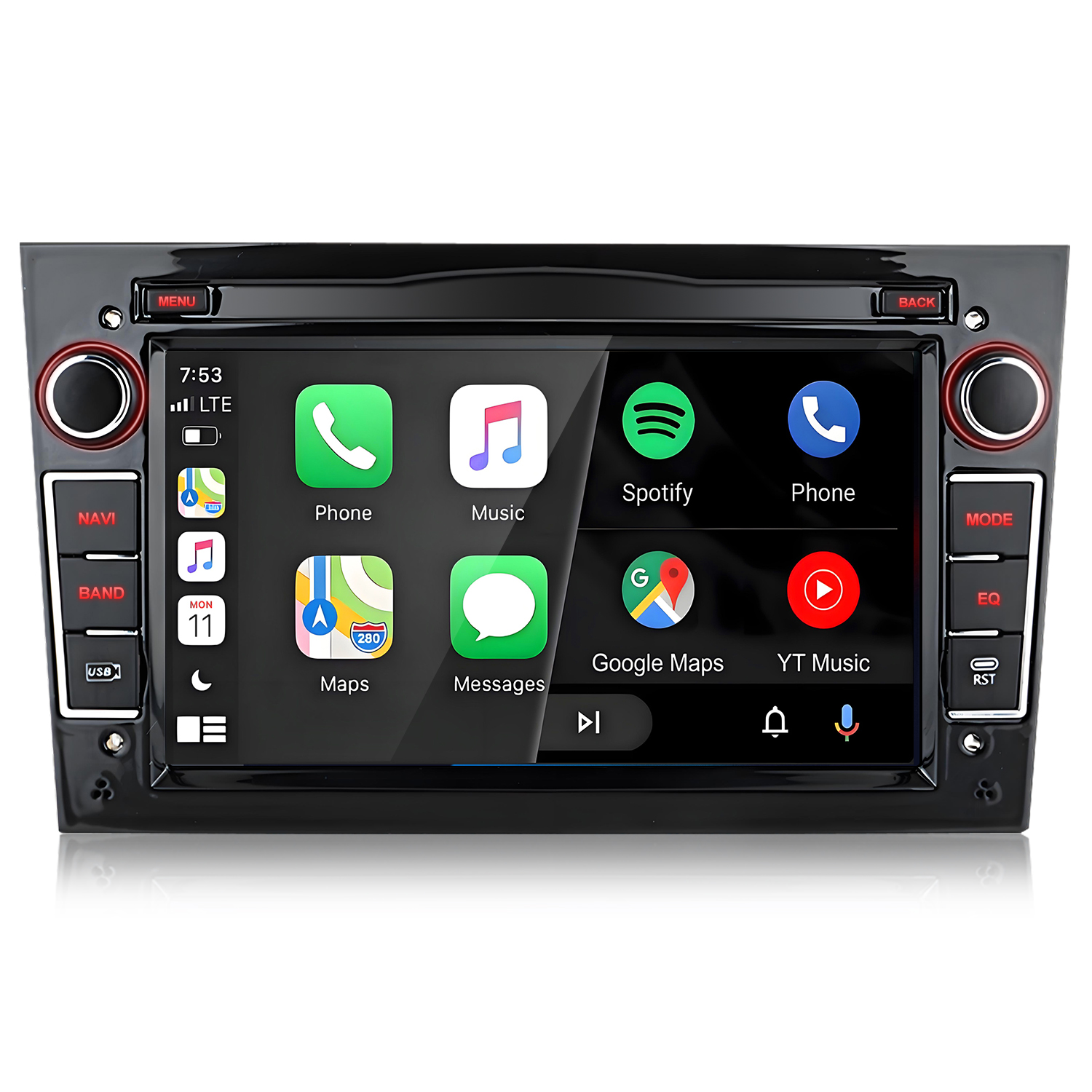 Ein Autoradio-Touchscreen mit App-Symbolen: Telefon, Musik, Spotify, Karten, YouTube.
