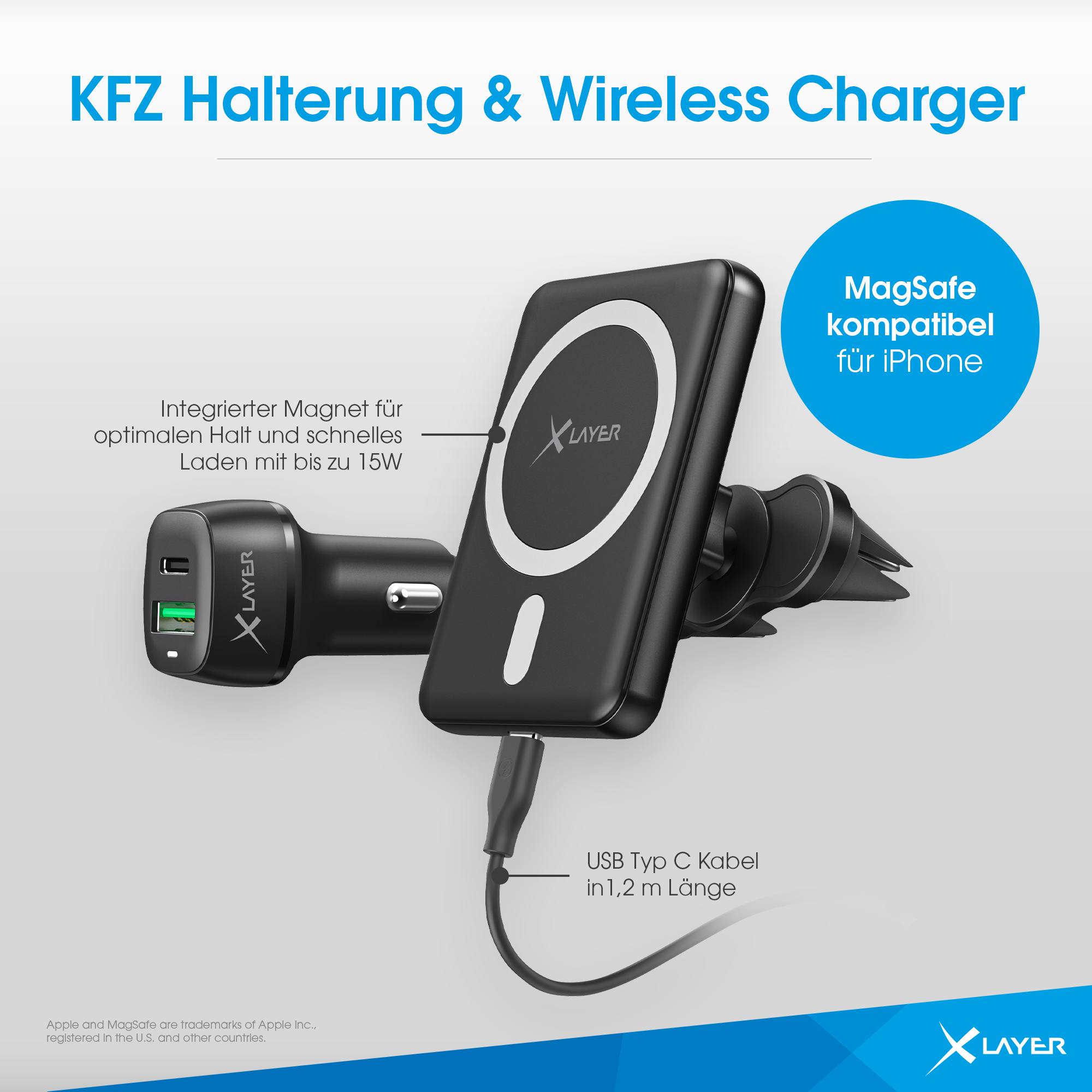 Schwarze KFZ-Halterung mit integriertem MagSafe-Ladegerät für iPhones.