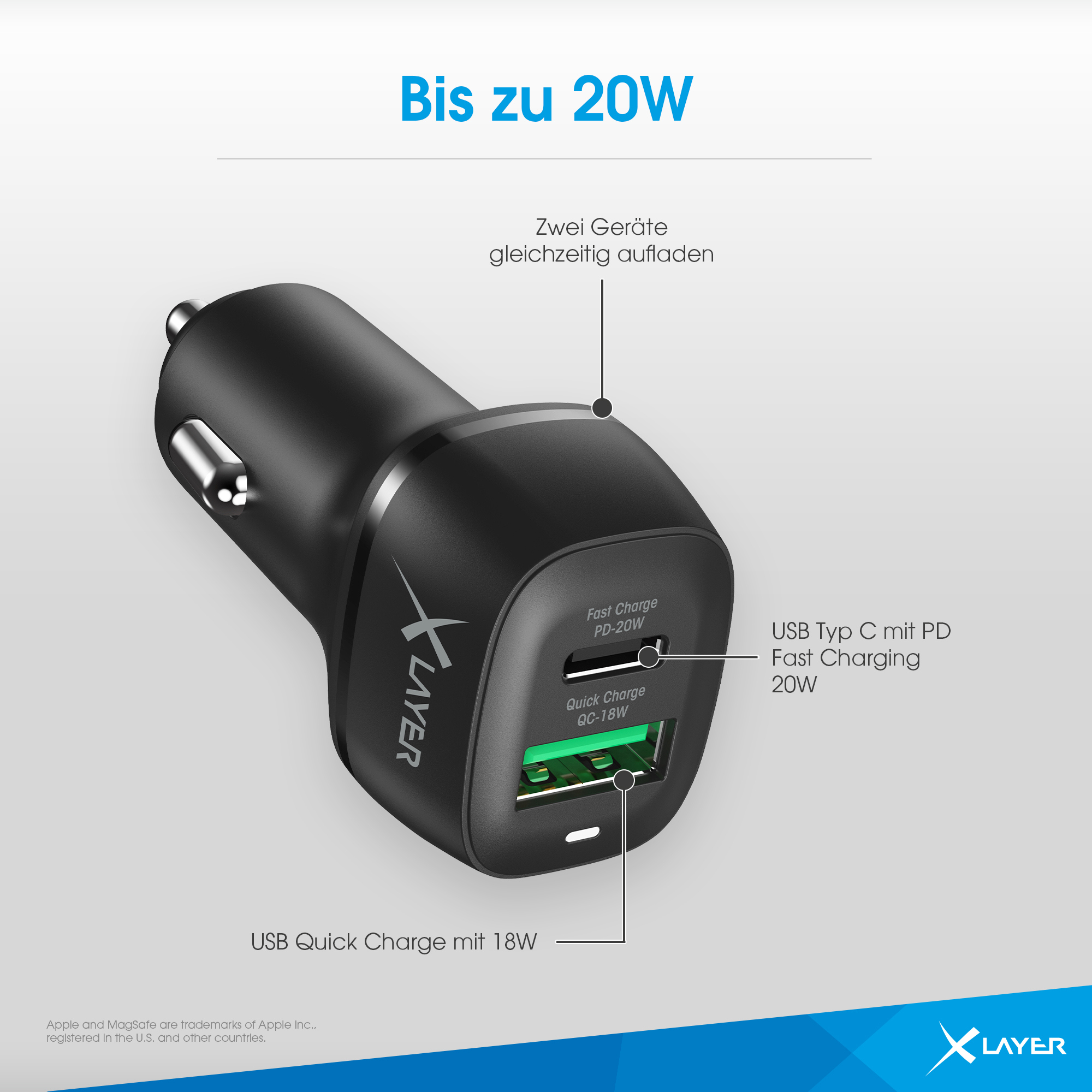 Ein schwarzer KFZ-Ladeadapter mit zwei USB-Ports, PD 20W und QC 18W.