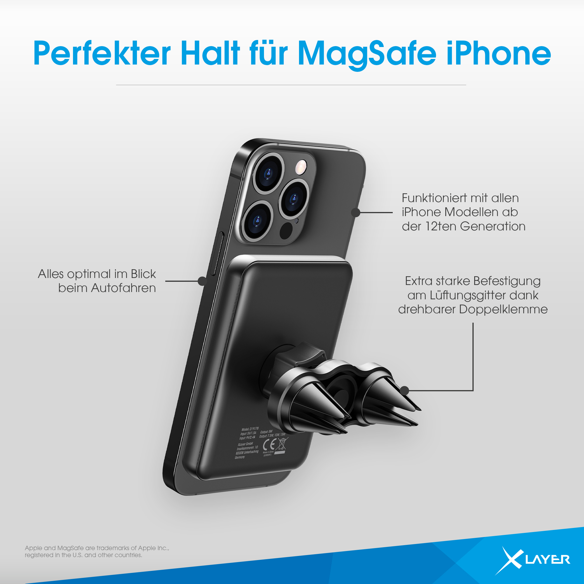 Schwarzer MagSafe iPhone Halter für Lüftungsgitter, mit iPhone.