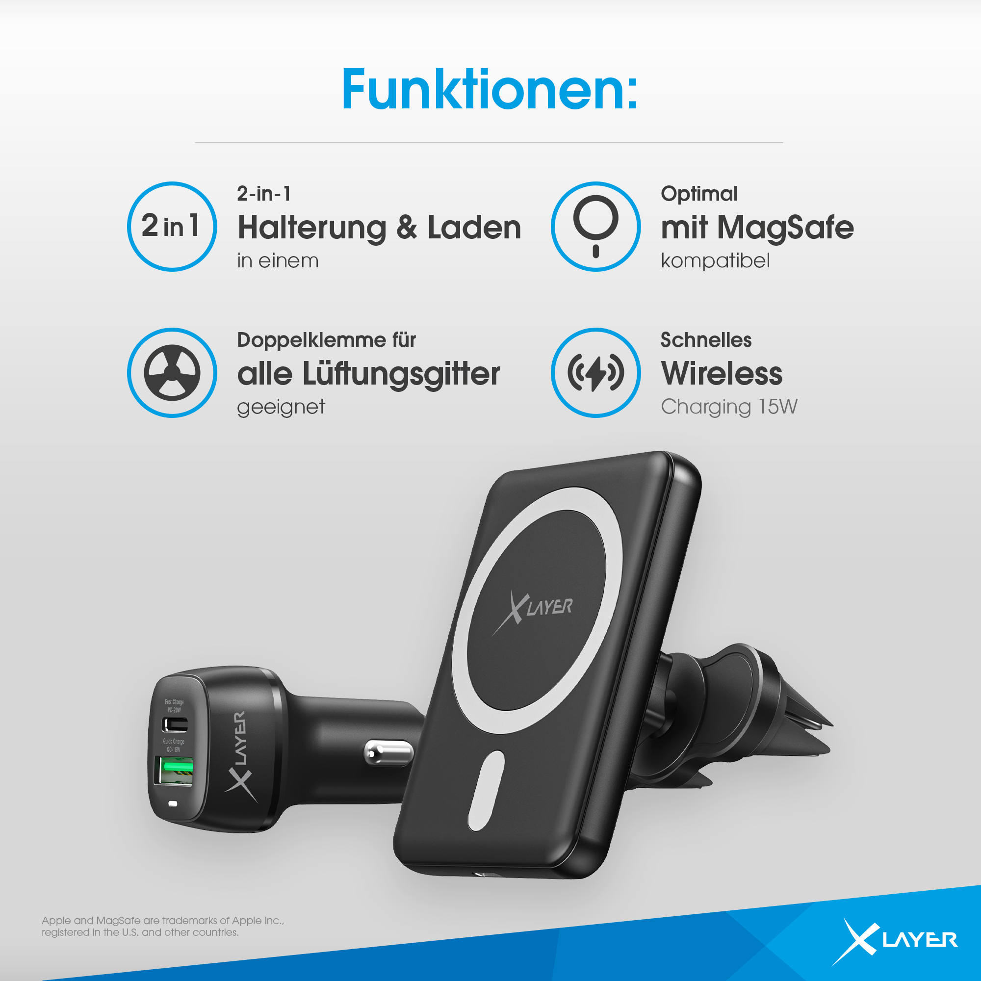 Ein XLayer Auto-Ladegerät mit MagSafe-Halterung. 2-in-1-Funktion: Halterung und Laden.