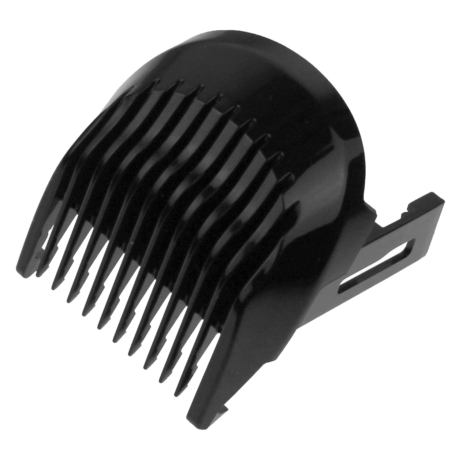 Schwarzer Kammaufsatz für Haarschneider mit vielen Zinken und Schlitz.