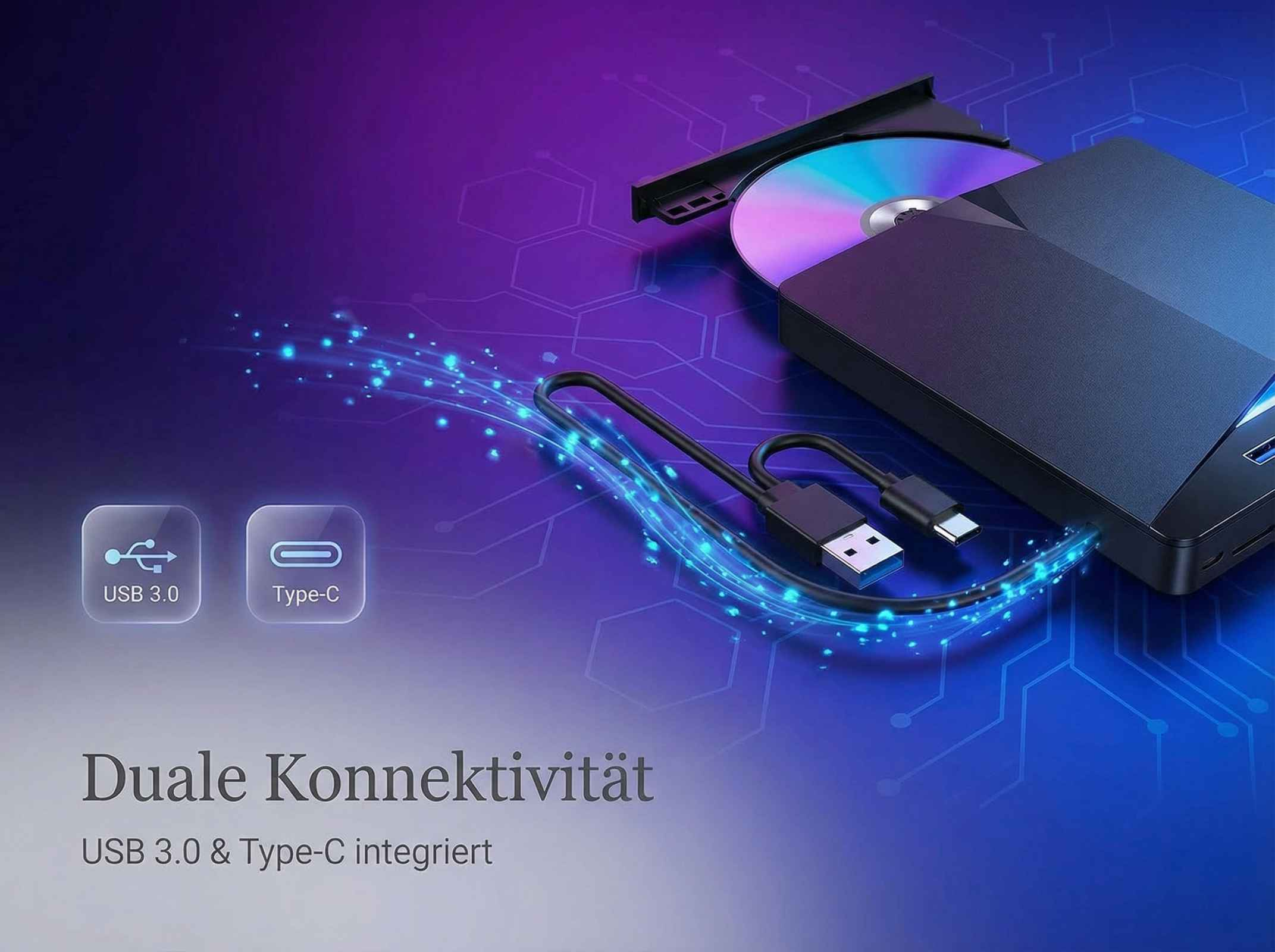Externes Laufwerk mit CD, USB 3.0 und Type-C Anschlüssen auf lila Hintergrund.