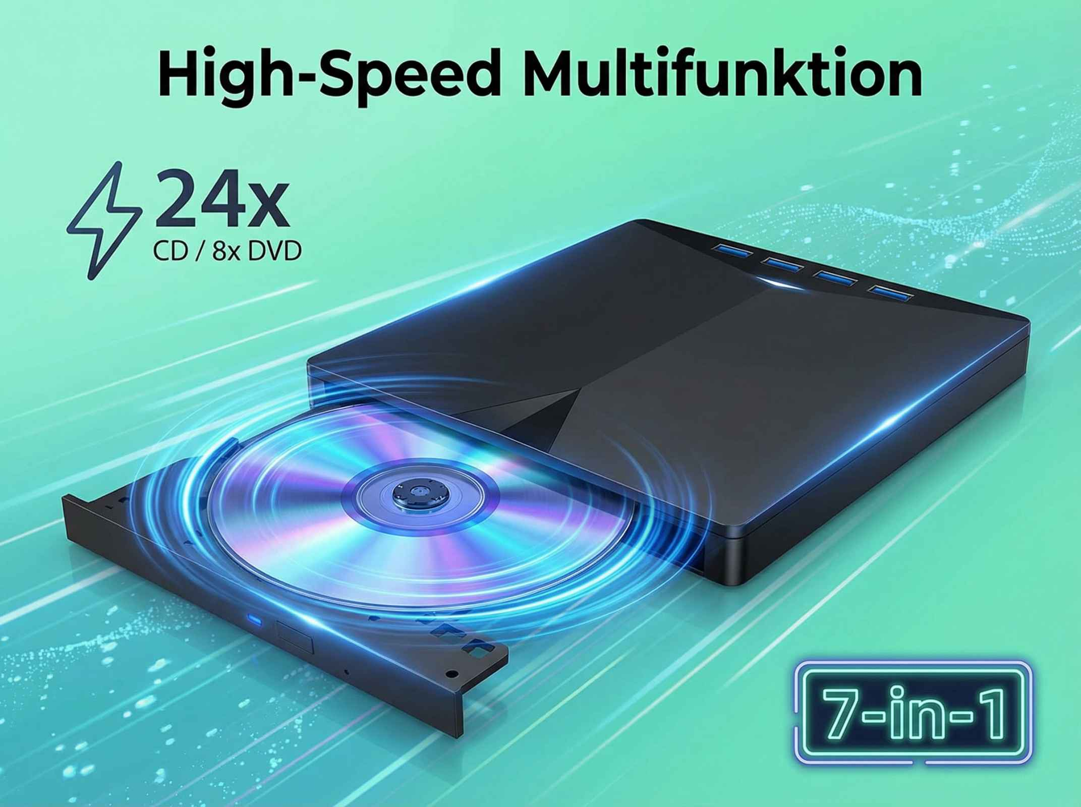 Schwarzer externer DVD-Brenner mit eingelegtem Disc, 24x CD/8x DVD