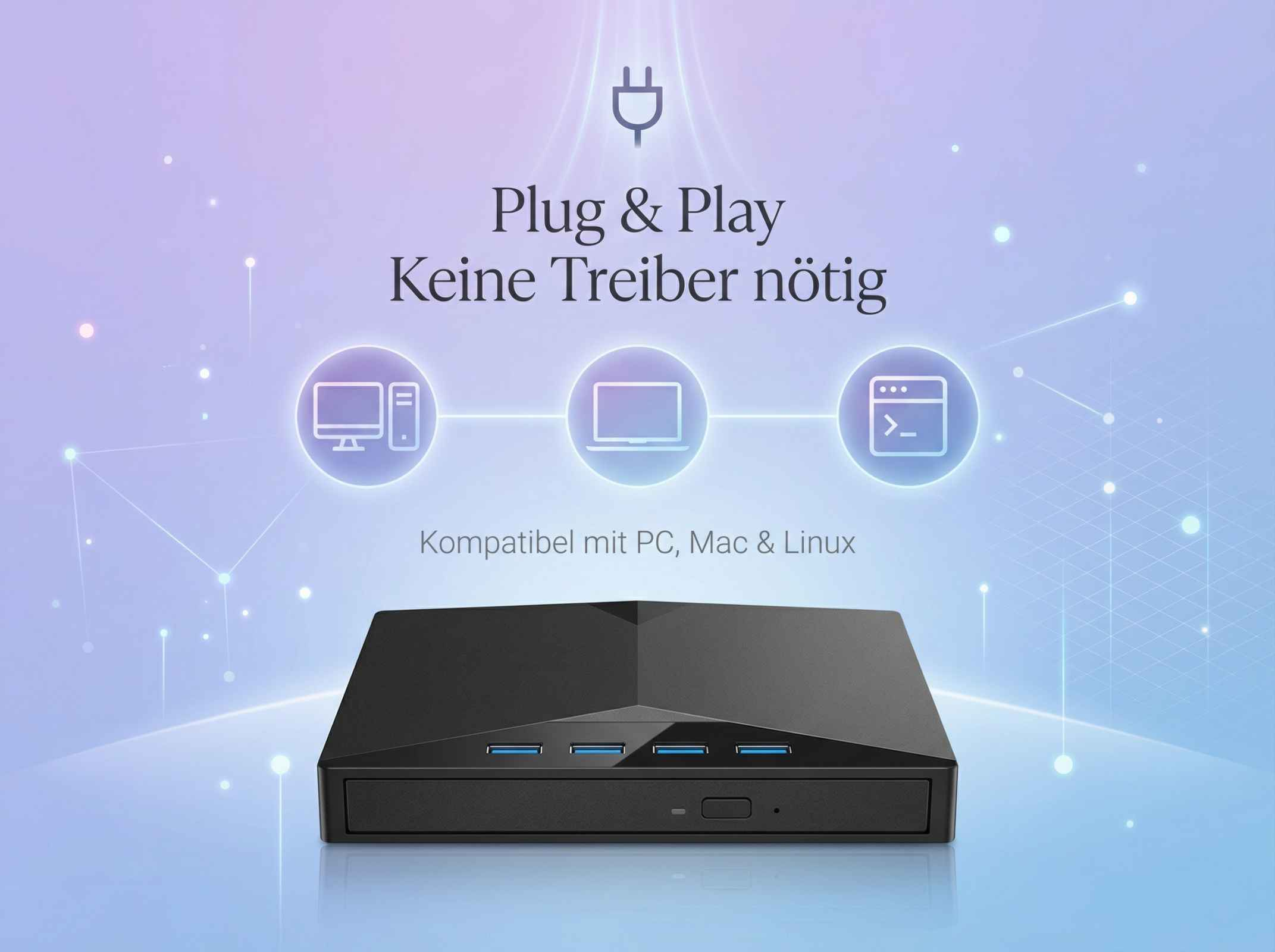 Schwarzes externes Laufwerk mit USB-Anschlüssen, kompatibel mit PC, Mac & Linux.