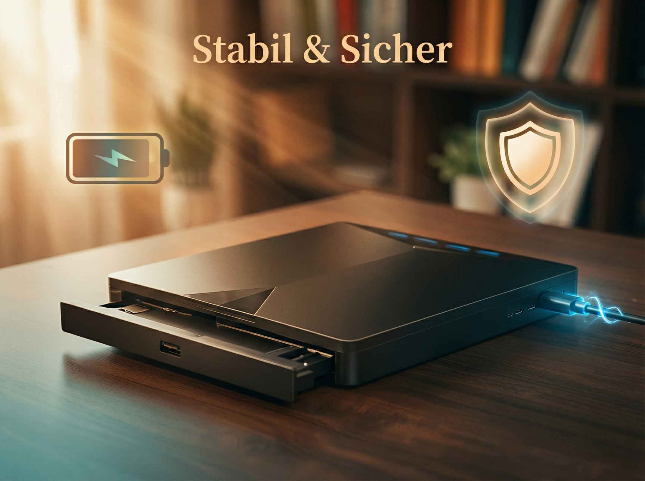 Schwarzes Ladegehäuse mit Batterie- und Schildsymbol. Kabel angeschlossen.