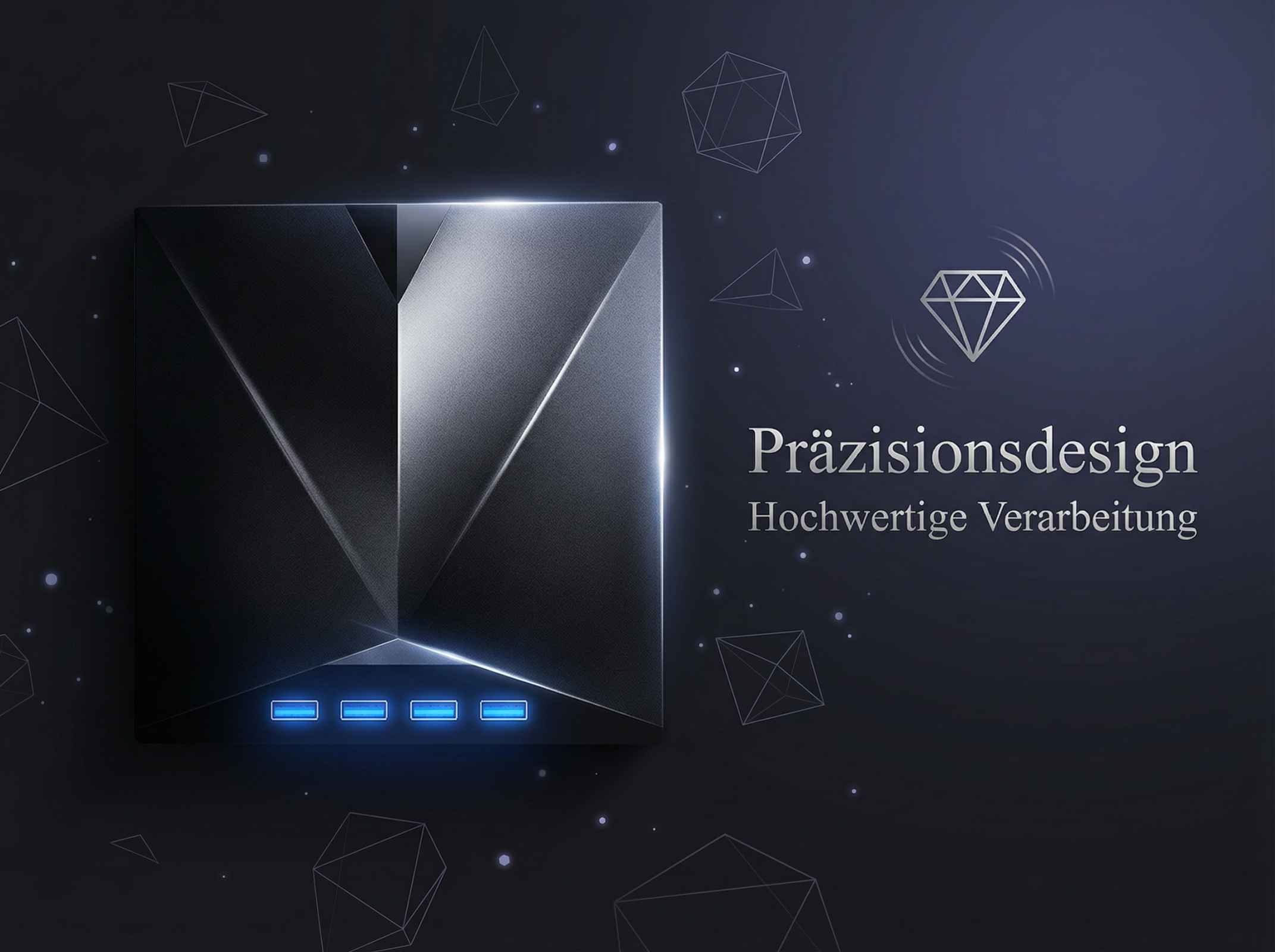 Abstrakte geometrische Formen und ein silberner Diamant auf dunklem Hintergrund.