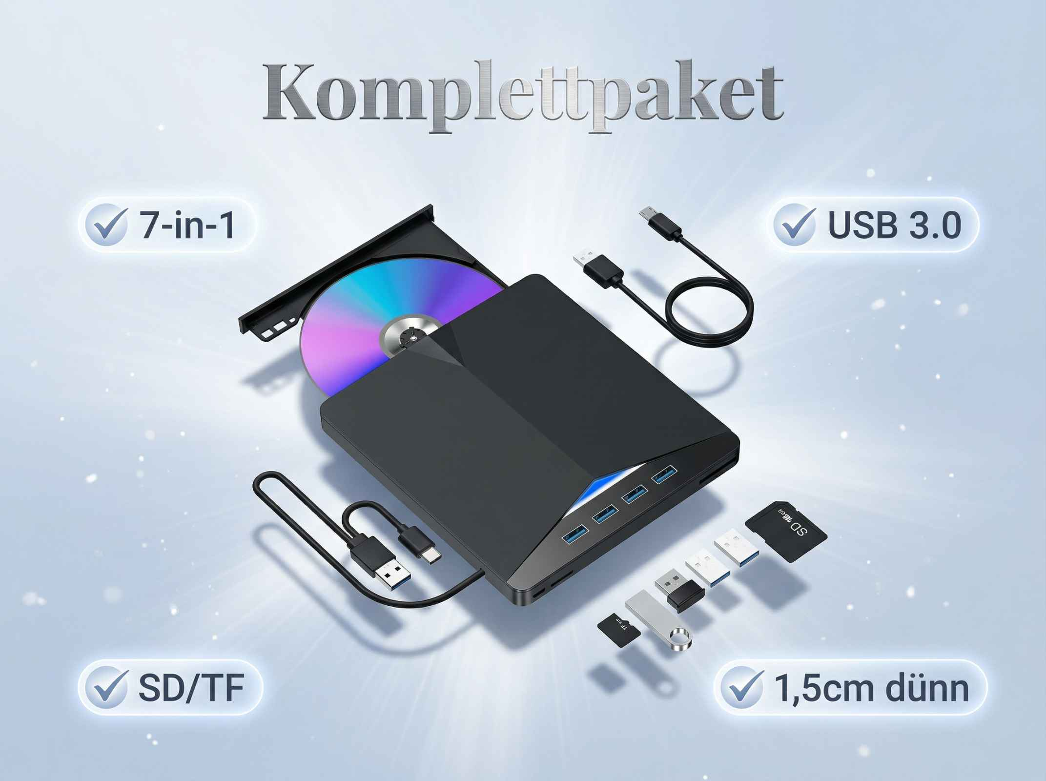 Ein schwarzes 7-in-1-USB-3.0-Hub mit SD-/TF-Kartenleser und CD-Laufwerk.