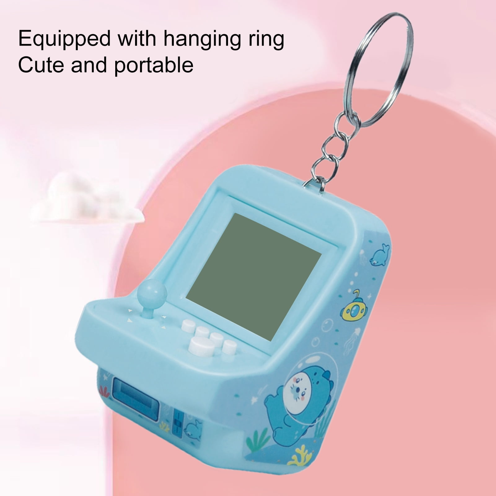 Ein hellblaues Handheld-Spielgerät mit Cartoon-Dinosaurier-Druck und Schlüsselring.