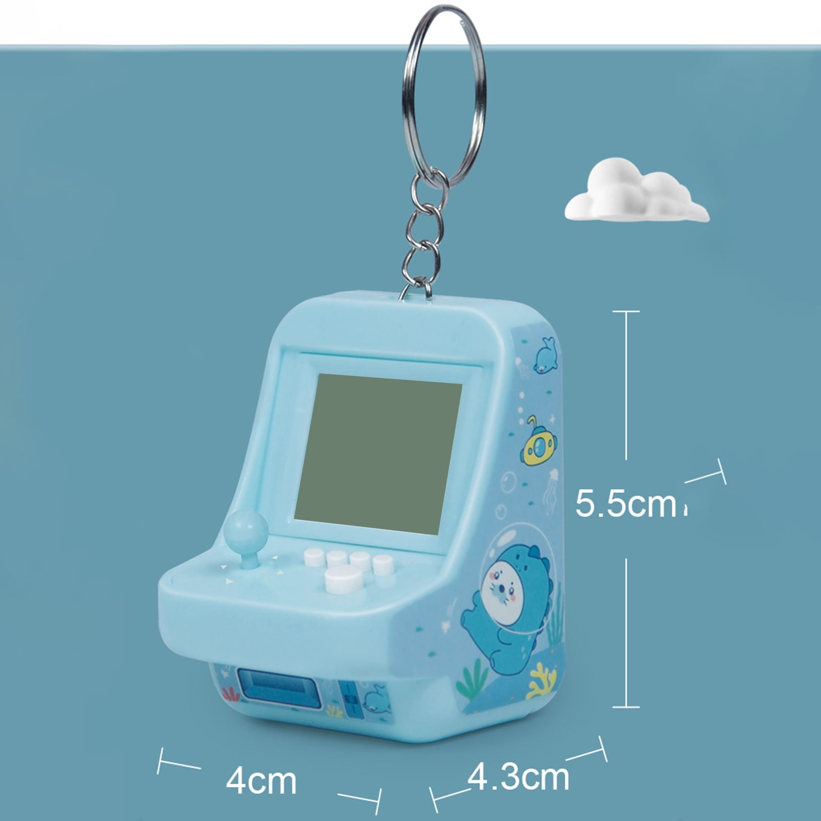 Ein hellblaues Handheld-Spielgerät mit einem Dino-Design, Schlüsselring und Maßen.