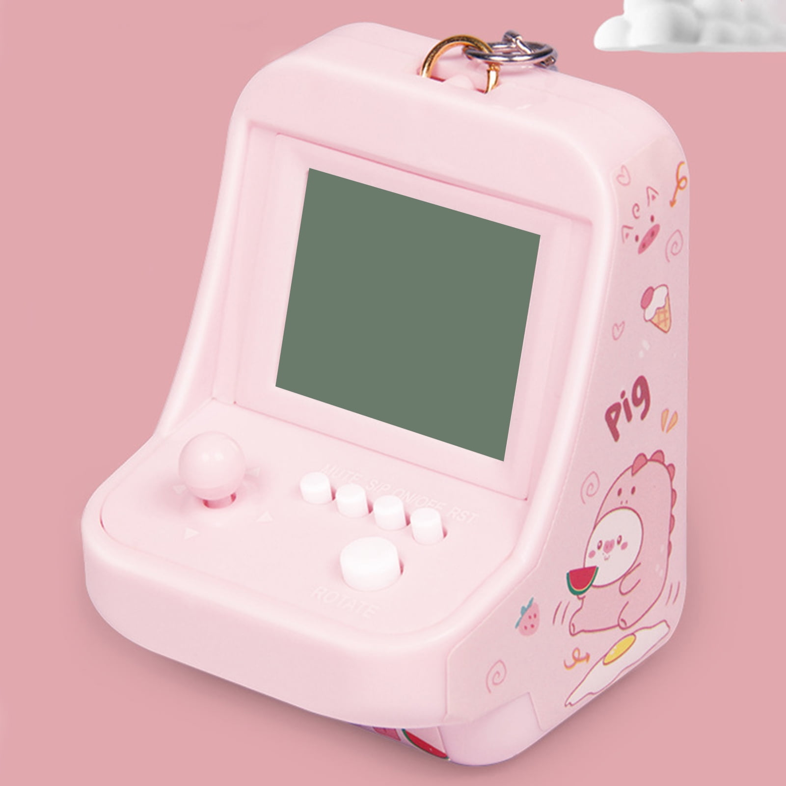 Ein rosa Handheld-Spielgerät mit Joystick, Knöpfen und einem Bildschirm.