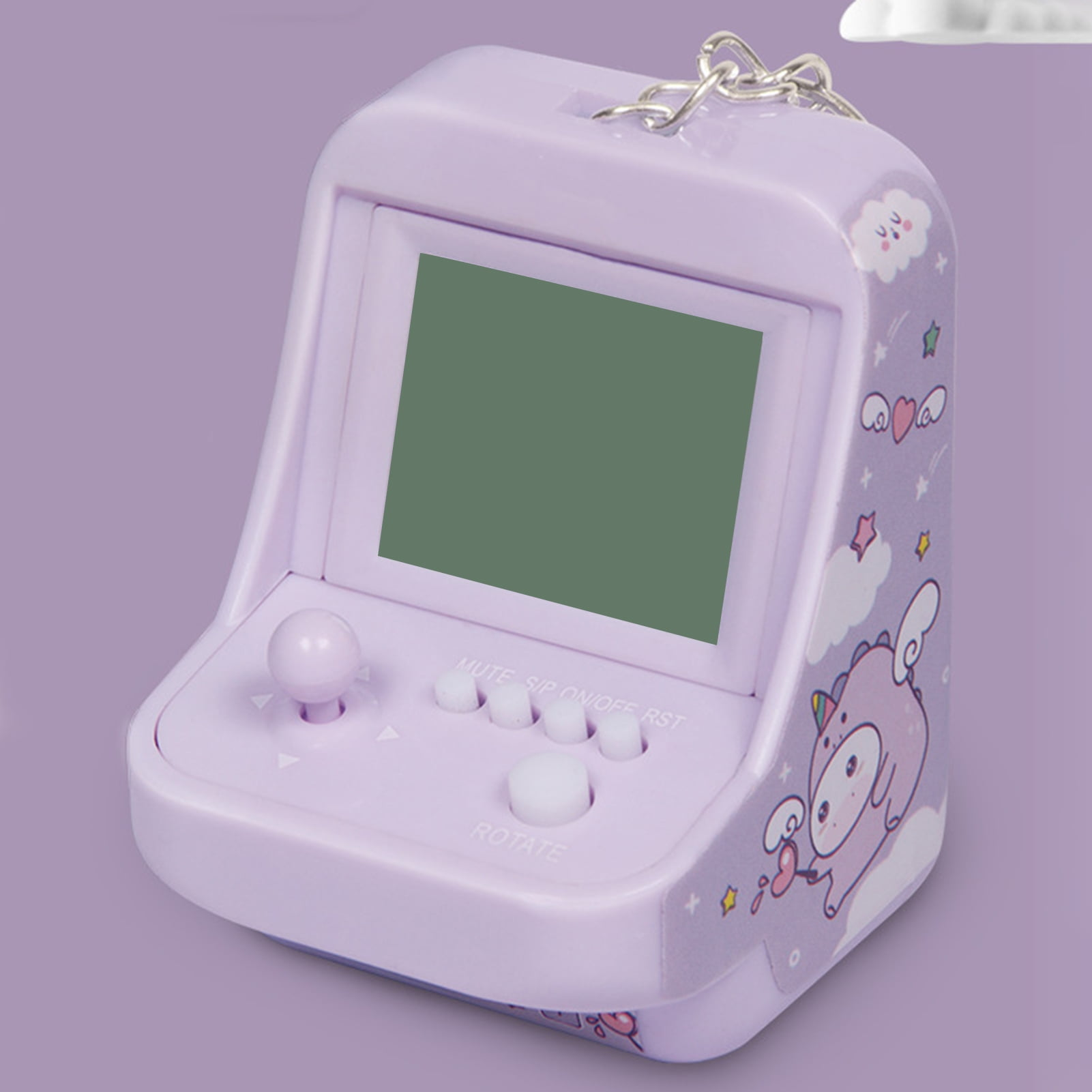 Ein lila Handheld-Spielgerät mit Joystick und Tasten, verziert mit Cartoon-Motiven.