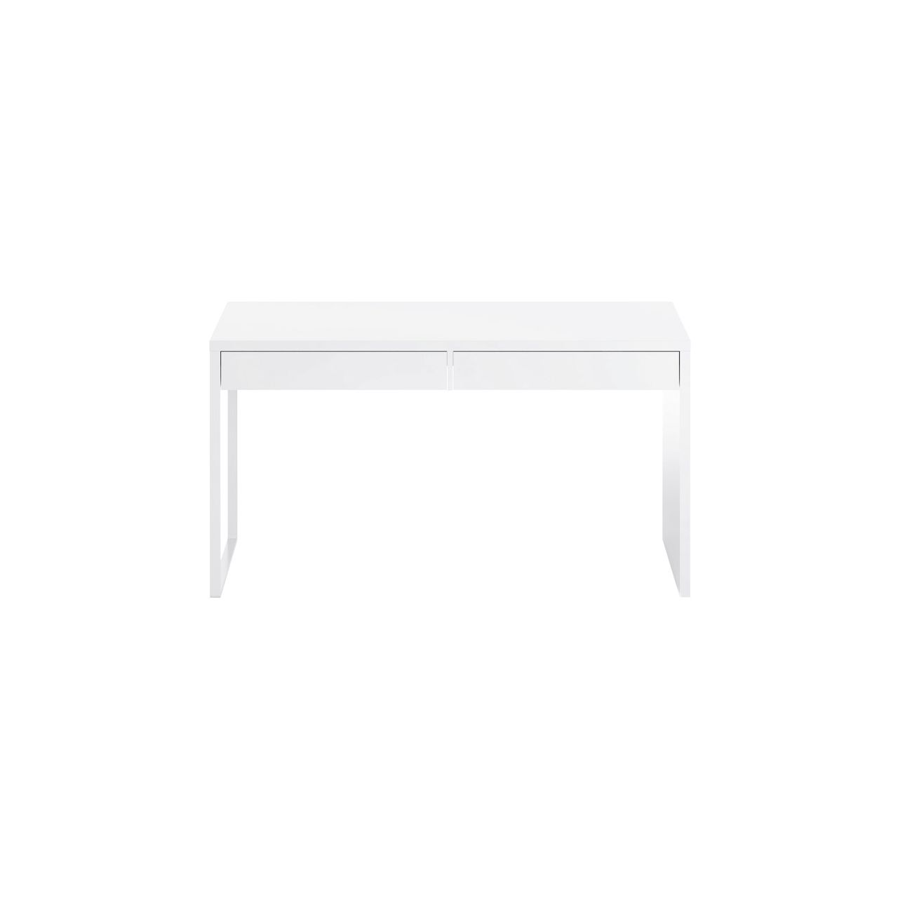Un escritorio blanco con dos cajones se muestra sobre un fondo blanco.
