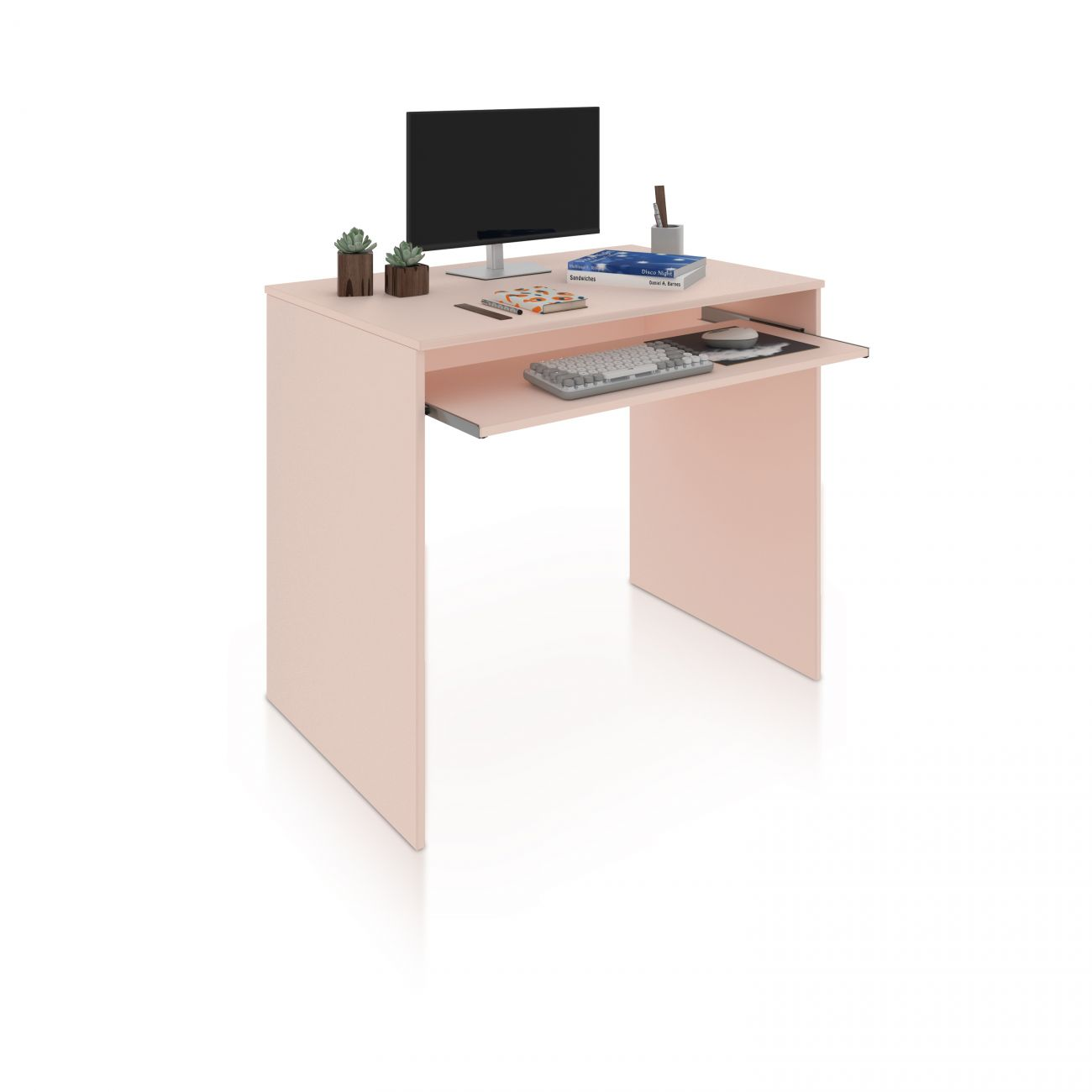 Un escritorio rosa claro con monitor, teclado, ratón y material de oficina.
