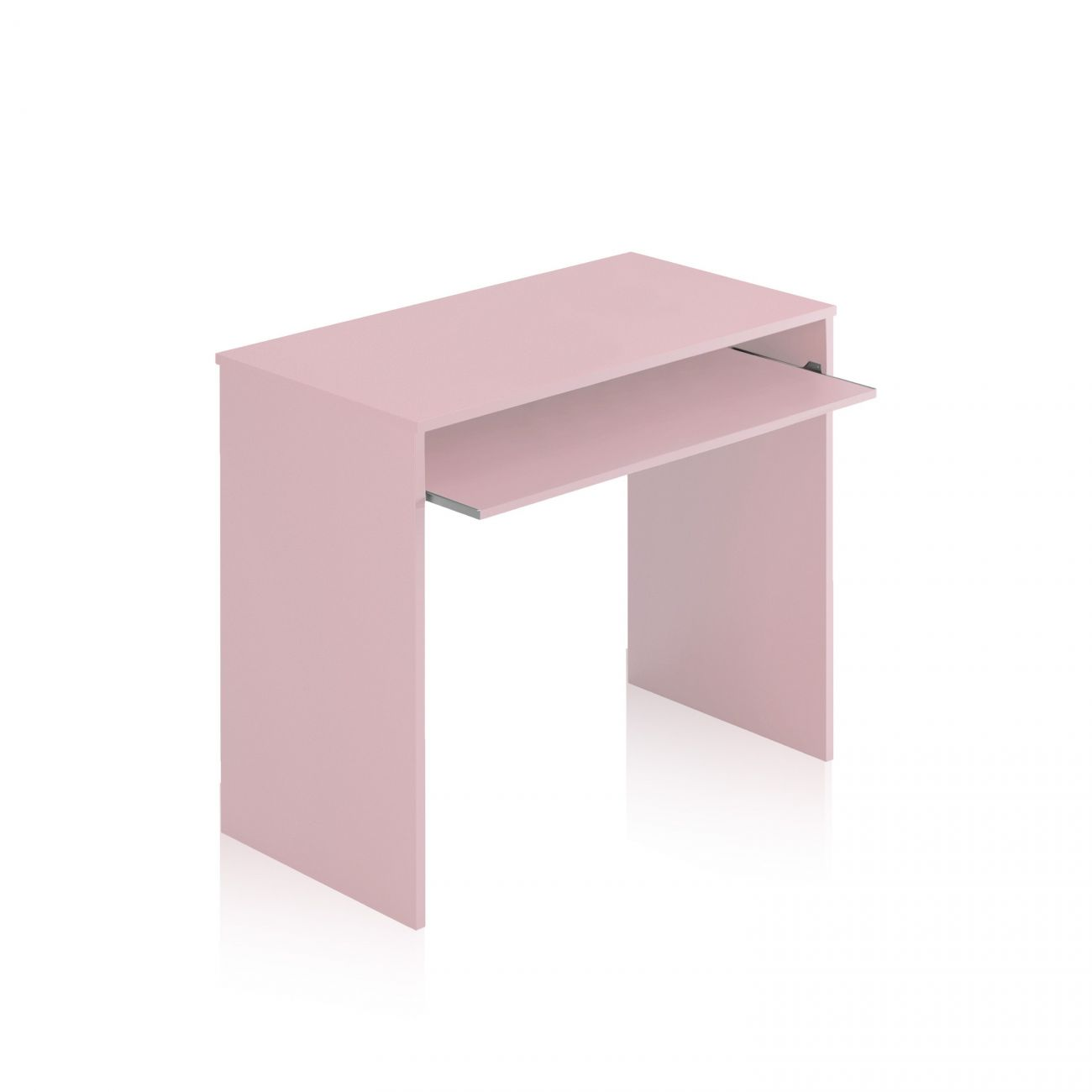 Un escritorio rosa con bandeja extensible para teclado.