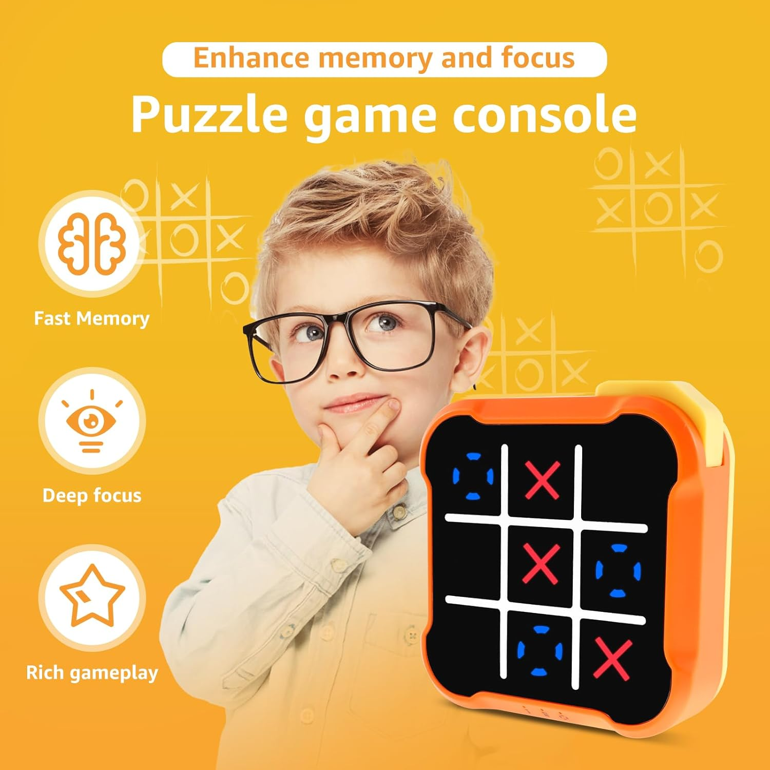 Junge mit Brille denkt neben einer orangen Rätselspielkonsole, die Tic-Tac-Toe zeigt.